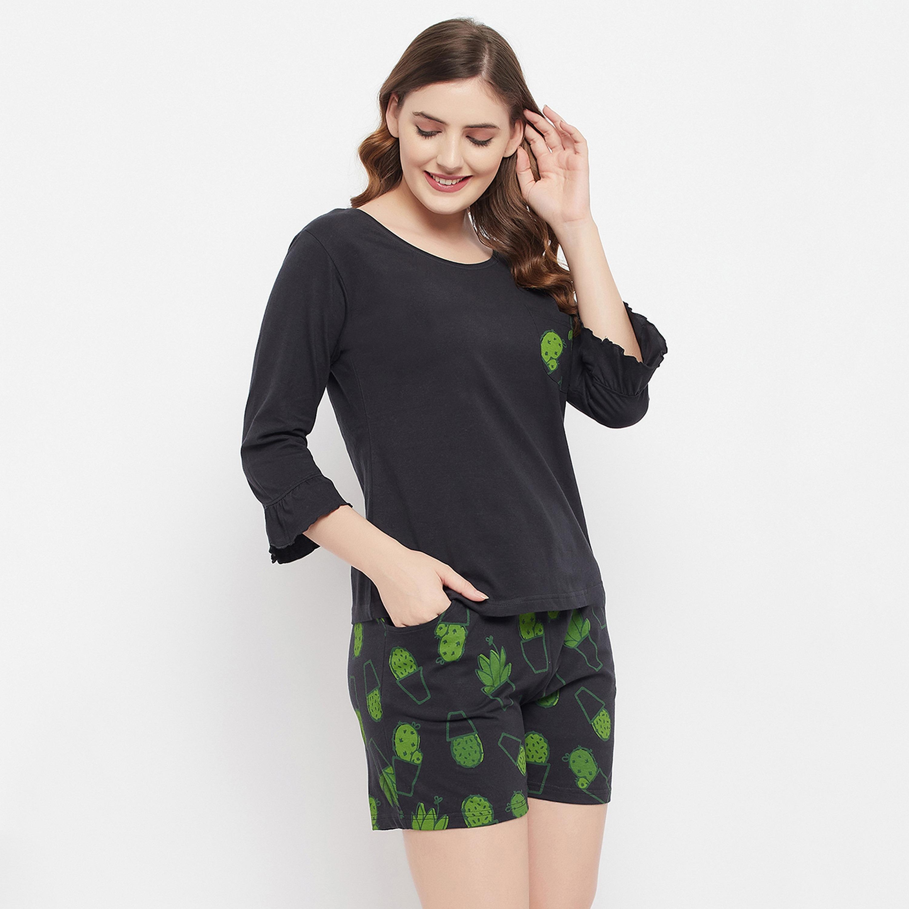Clovia Women's Cactus Print Top & Shorts Set in Black - Pure Cotton-women-clothing-nightwear-pyjamas-longsets-image-4