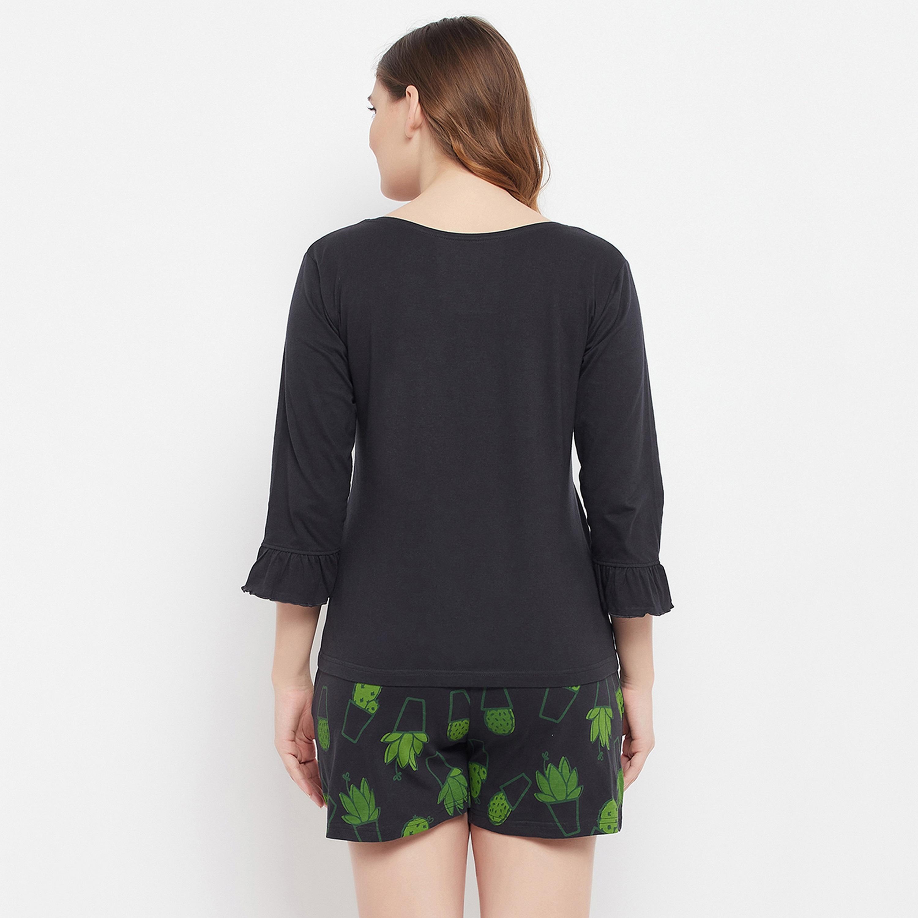 Clovia Women's Cactus Print Top & Shorts Set in Black - Pure Cotton-women-clothing-nightwear-pyjamas-longsets-image-5