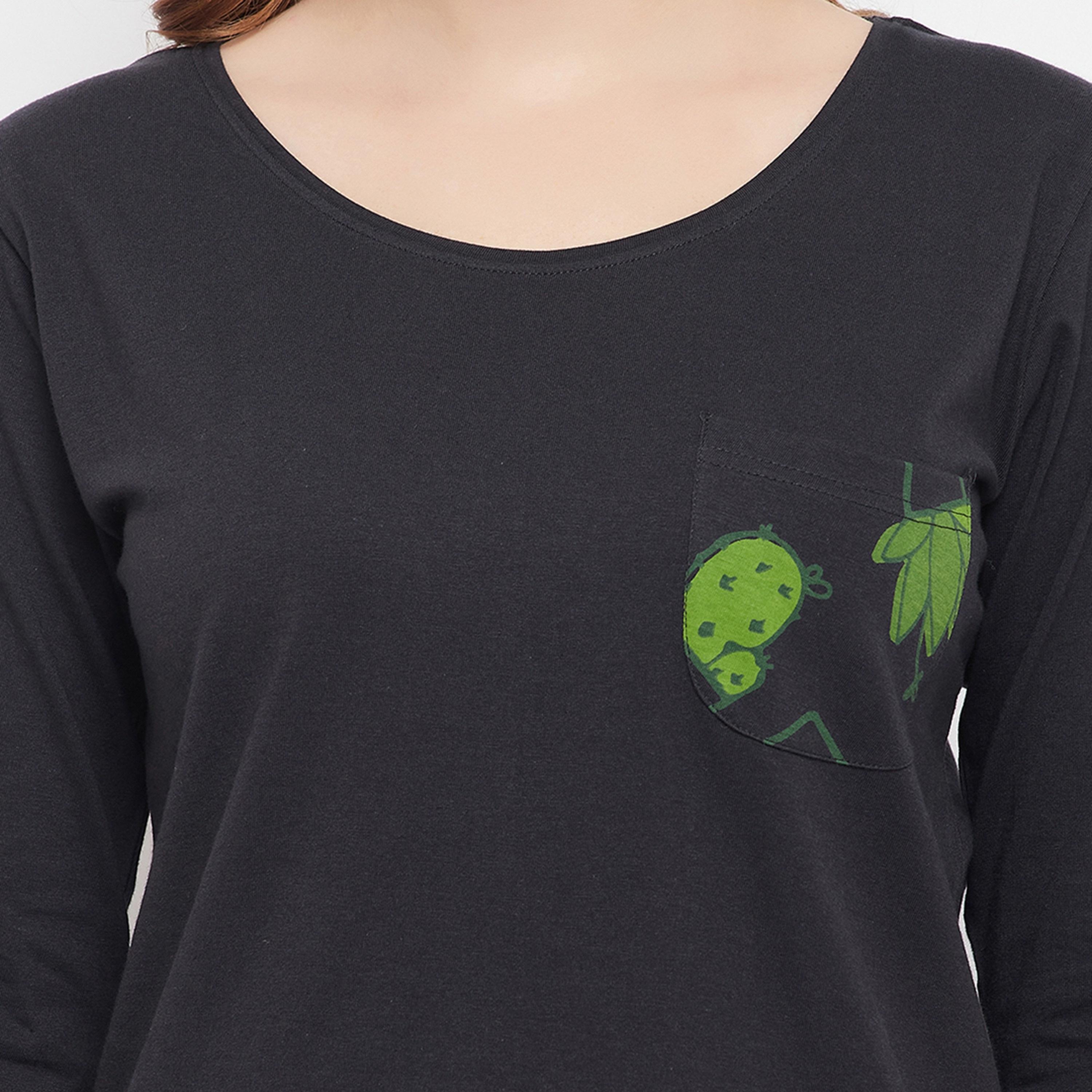 Clovia Women's Cactus Print Top & Shorts Set in Black - Pure Cotton-women-clothing-nightwear-pyjamas-longsets-image-6