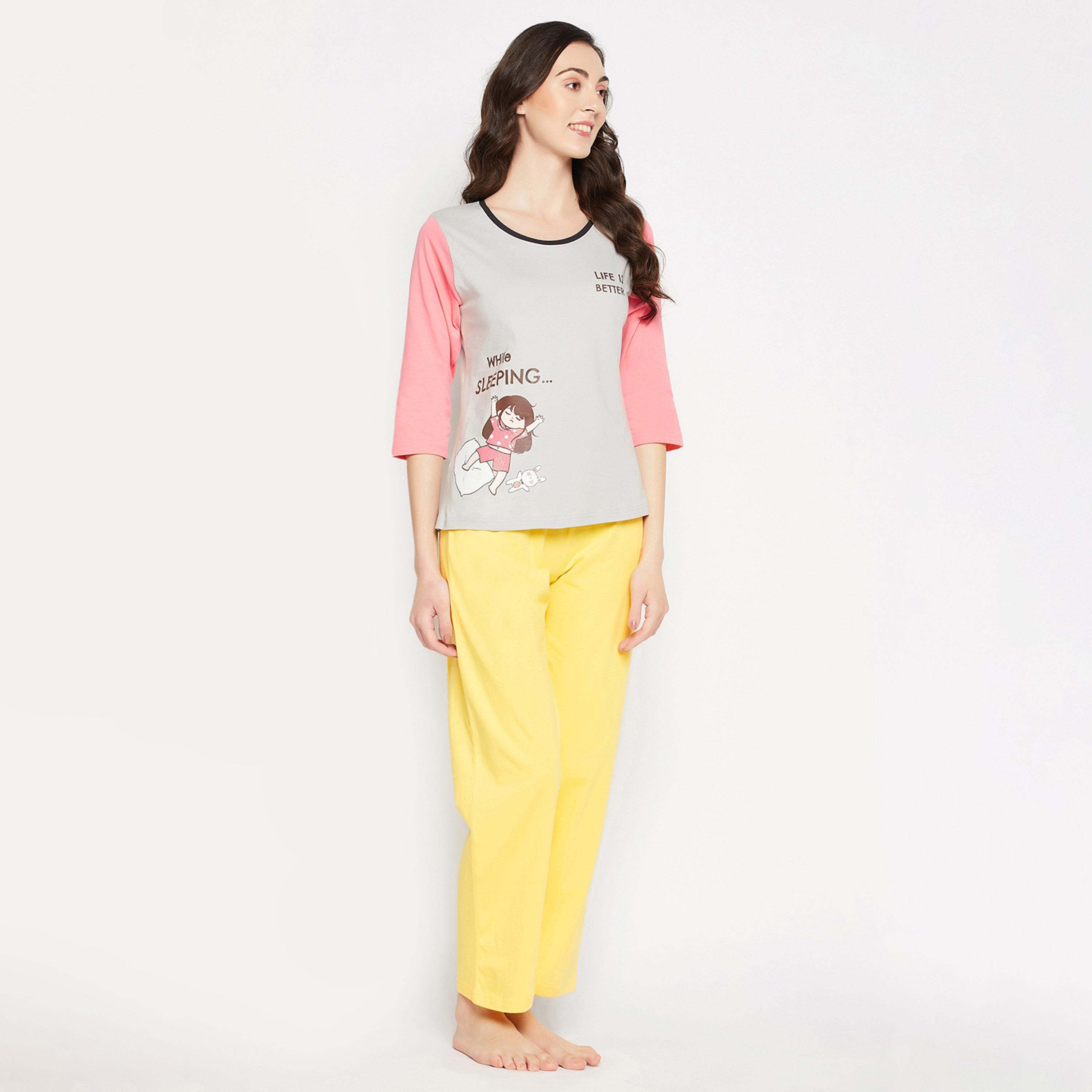 Clovia Quirky Quotes Colour Blocked Women's Top in Grey & Chic Basic Pyjama in Yellow - 100% Cotton-women-clothing-nightwear-pyjamas-longsets-image-2