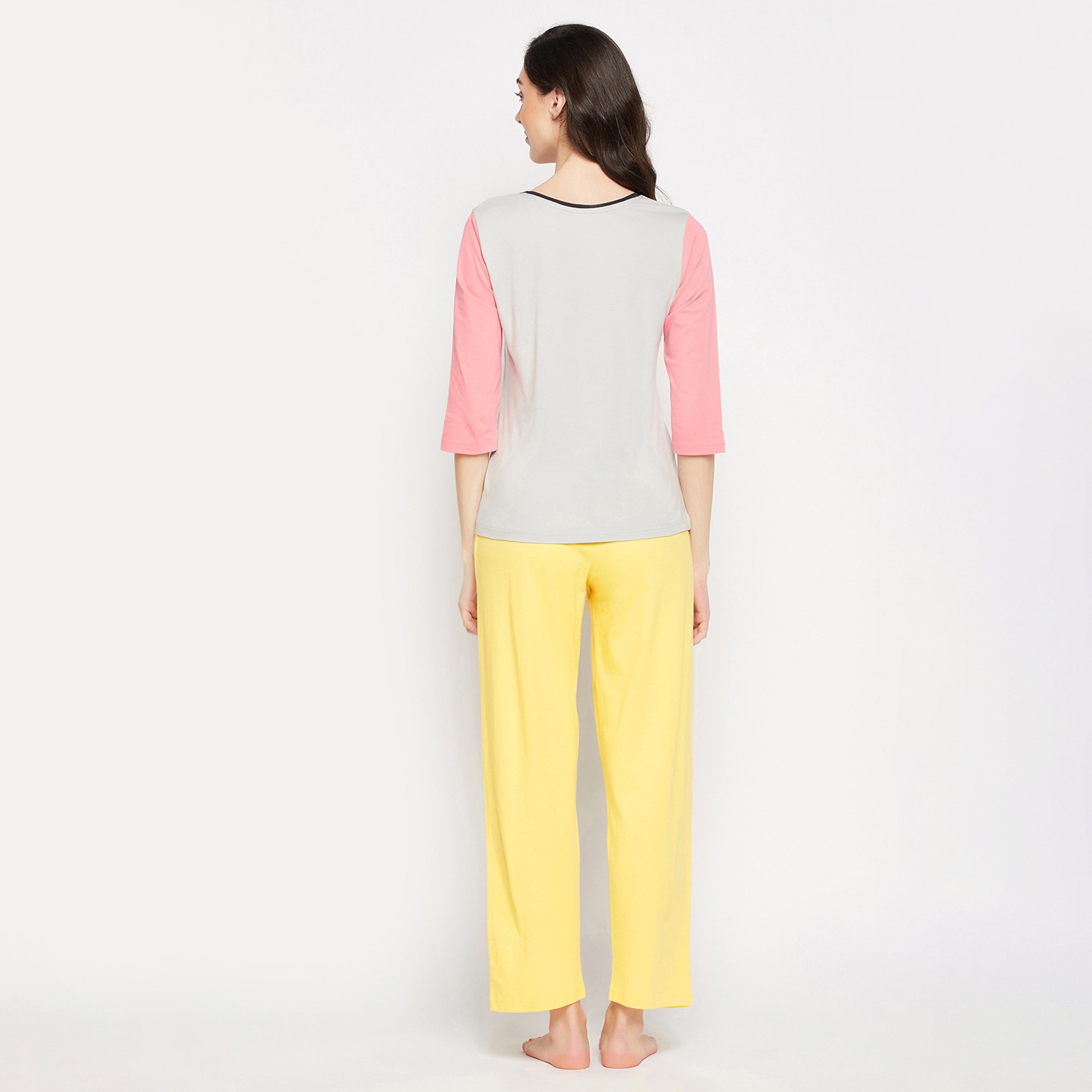 Clovia Quirky Quotes Colour Blocked Women's Top in Grey & Chic Basic Pyjama in Yellow - 100% Cotton-women-clothing-nightwear-pyjamas-longsets-image-4