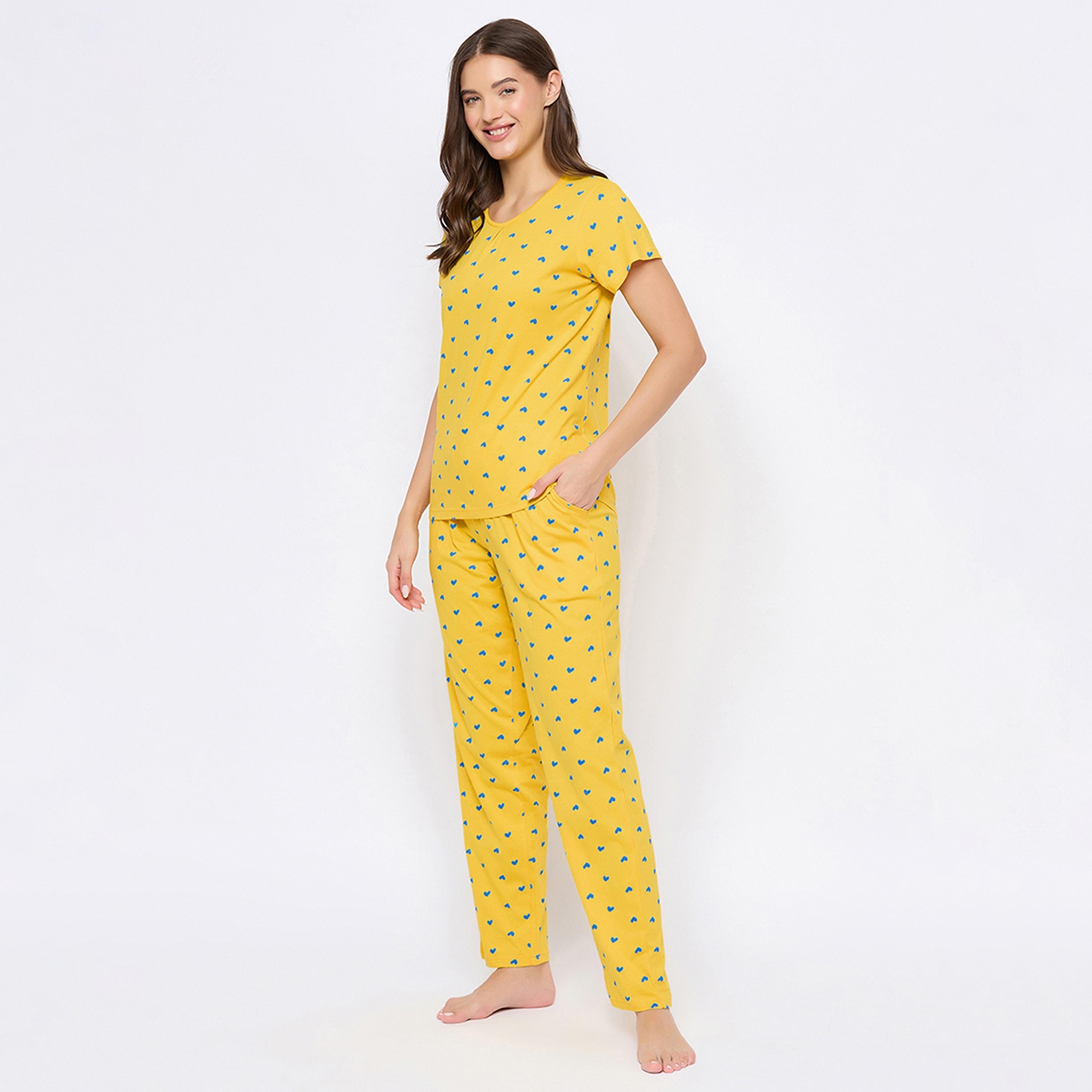 Clovia Heart Print Women's Top & Pyjama Set in Yellow - Pure Cotton-women-clothing-nightwear-pyjamas-longsets-image-2