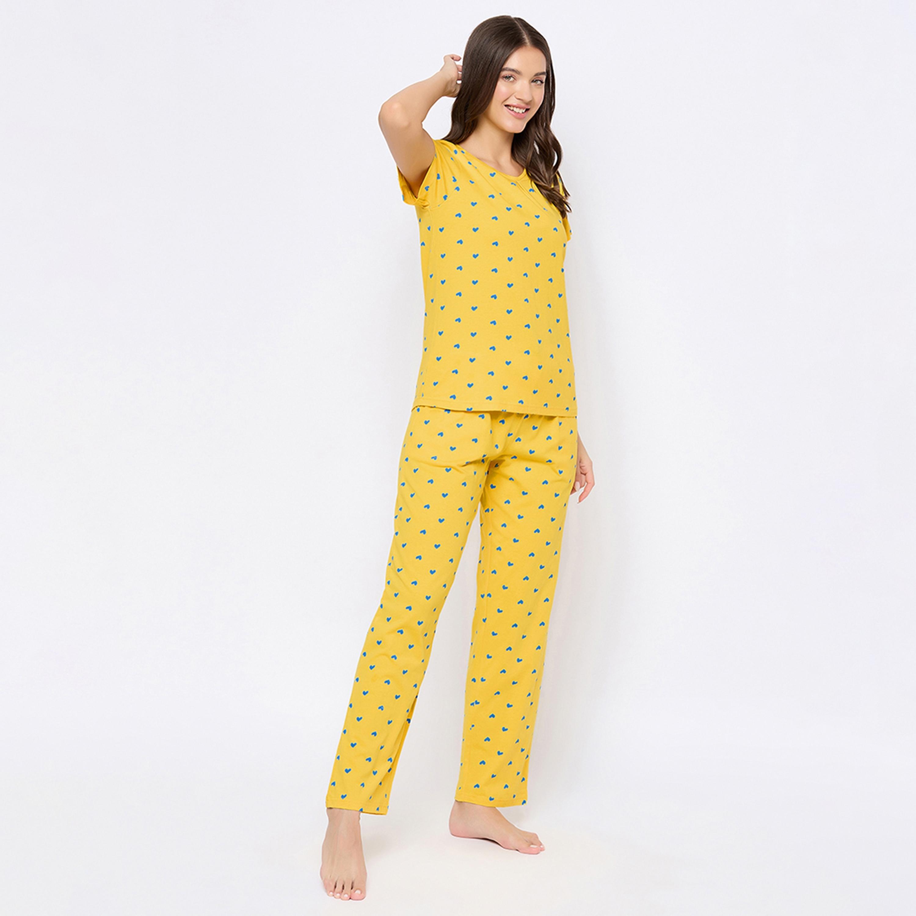 Clovia Heart Print Women's Top & Pyjama Set in Yellow - Pure Cotton-women-clothing-nightwear-pyjamas-longsets-image-3