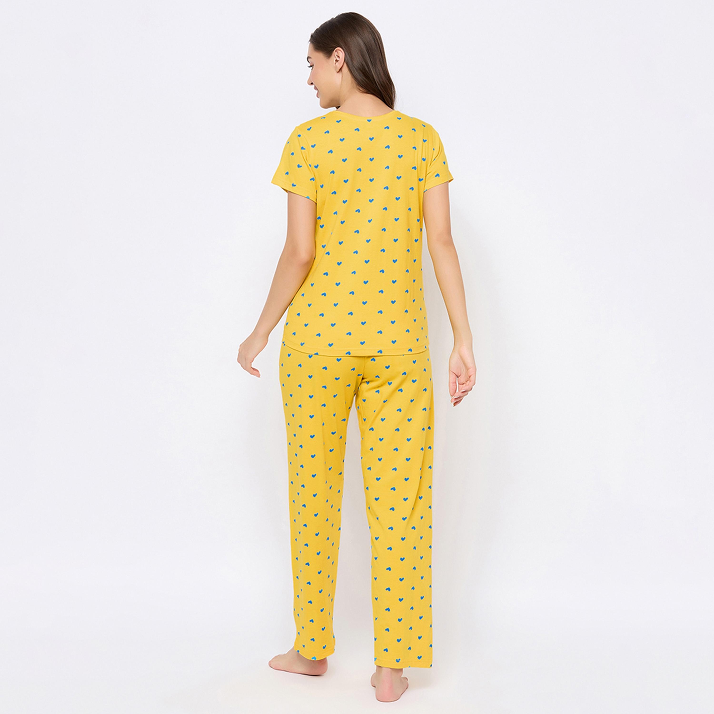 Clovia Heart Print Women's Top & Pyjama Set in Yellow - Pure Cotton-women-clothing-nightwear-pyjamas-longsets-image-4