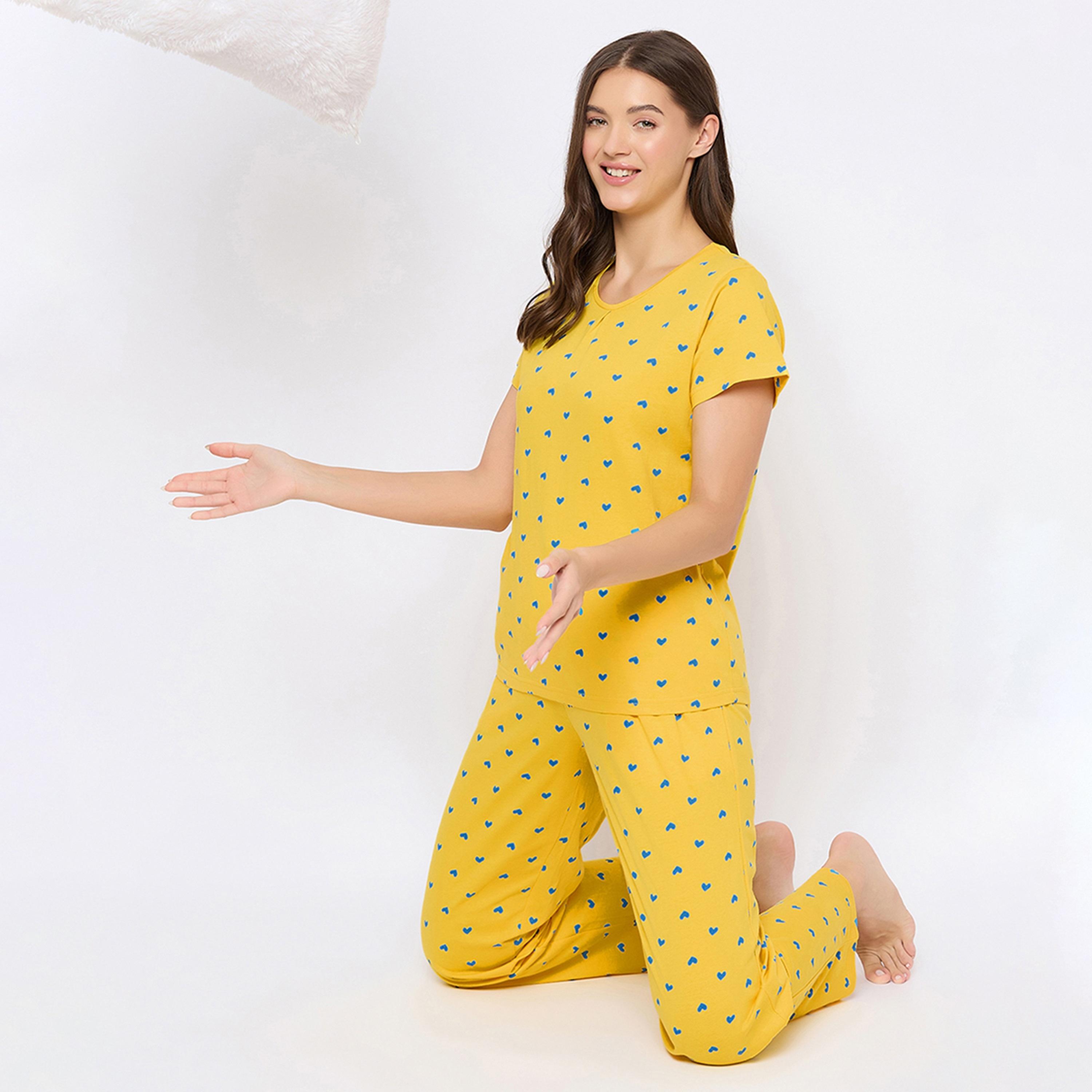 Clovia Heart Print Women's Top & Pyjama Set in Yellow - Pure Cotton-women-clothing-nightwear-pyjamas-longsets-image-7
