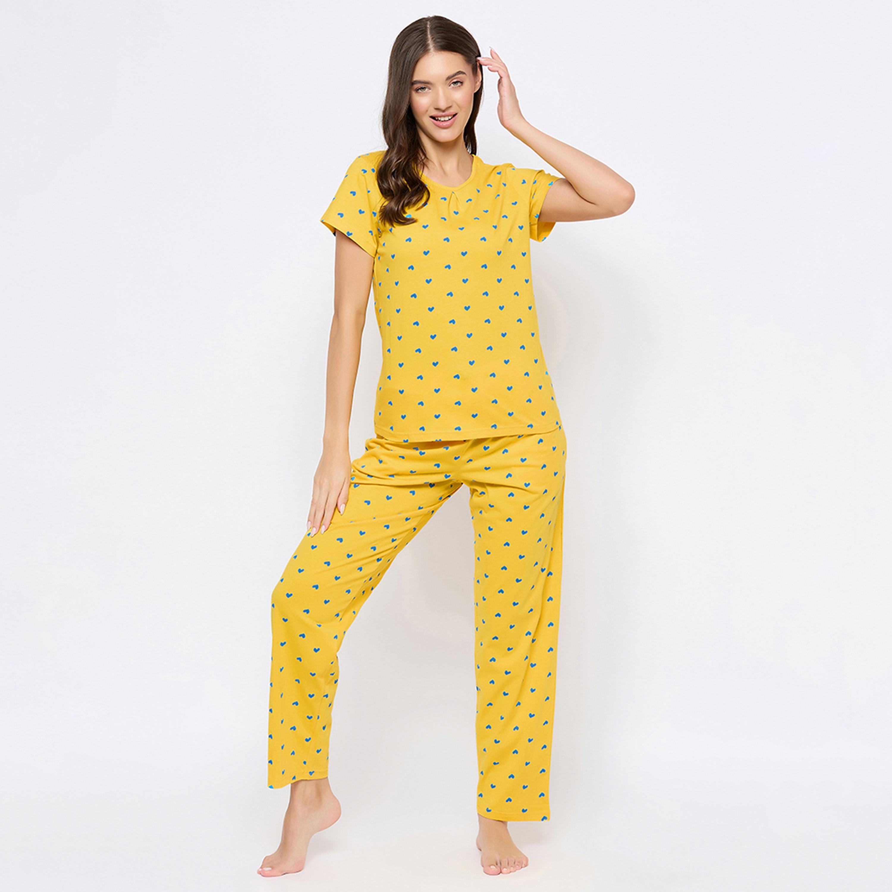 Clovia Heart Print Women's Top & Pyjama Set in Yellow - Pure Cotton-women-clothing-nightwear-pyjamas-longsets-image-8