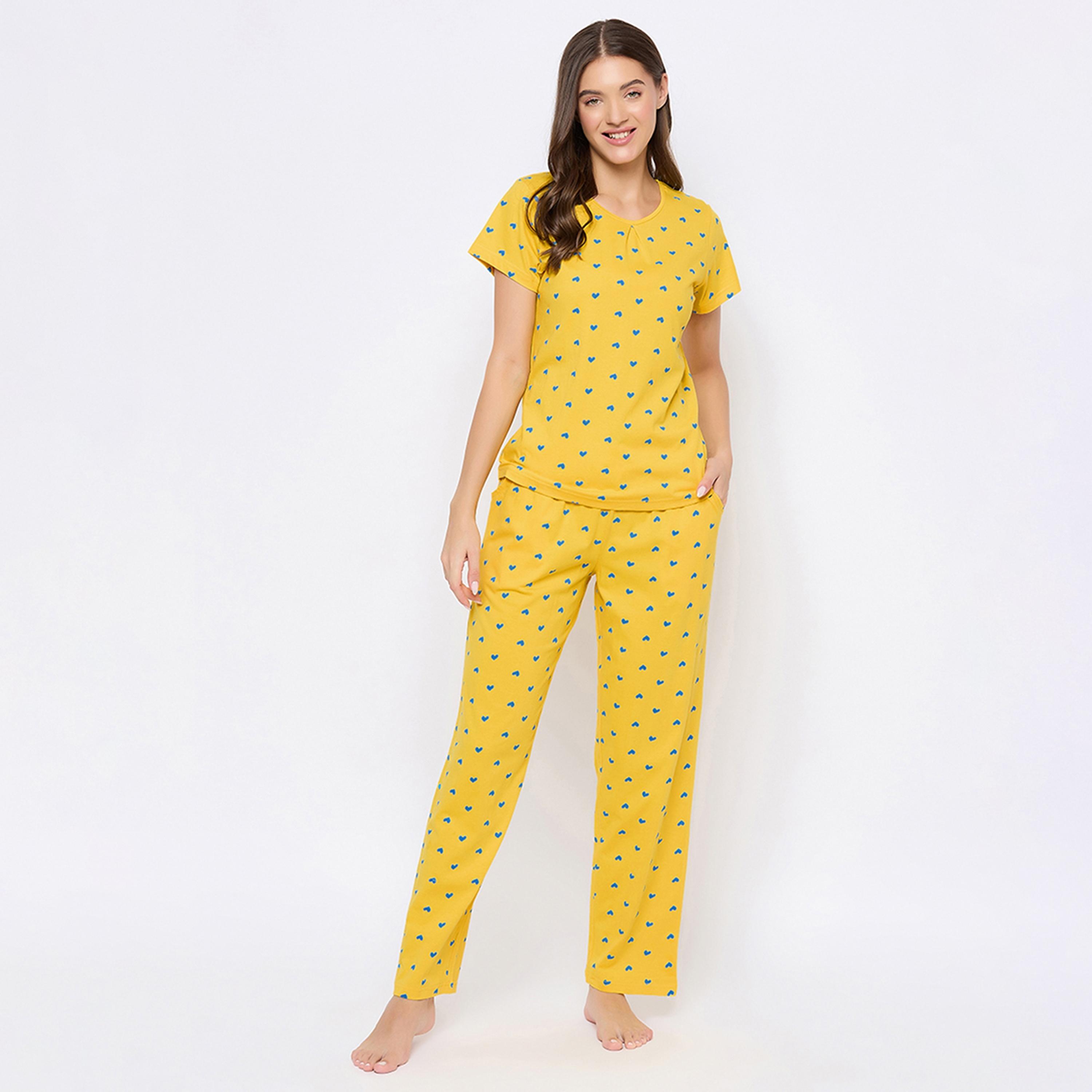 Clovia Heart Print Women's Top & Pyjama Set in Yellow - Pure Cotton-women-clothing-nightwear-pyjamas-longsets-image-9
