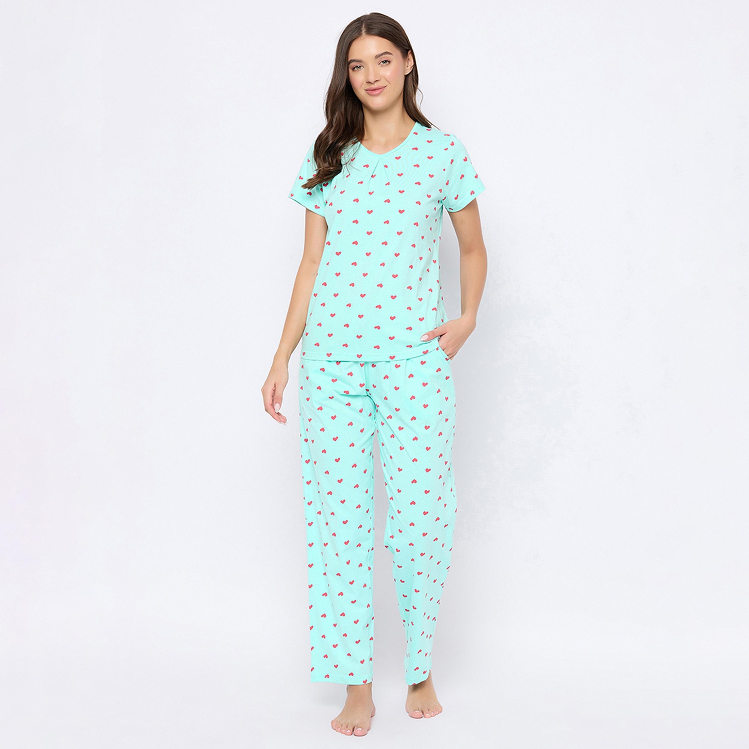 طقم بيجامة وقميص نسائي بطبعة قلب باللون الأزرق الفاتح من كلوفيا - قطن خالص-women-clothing-nightwear-pyjamas-longsets-image-1