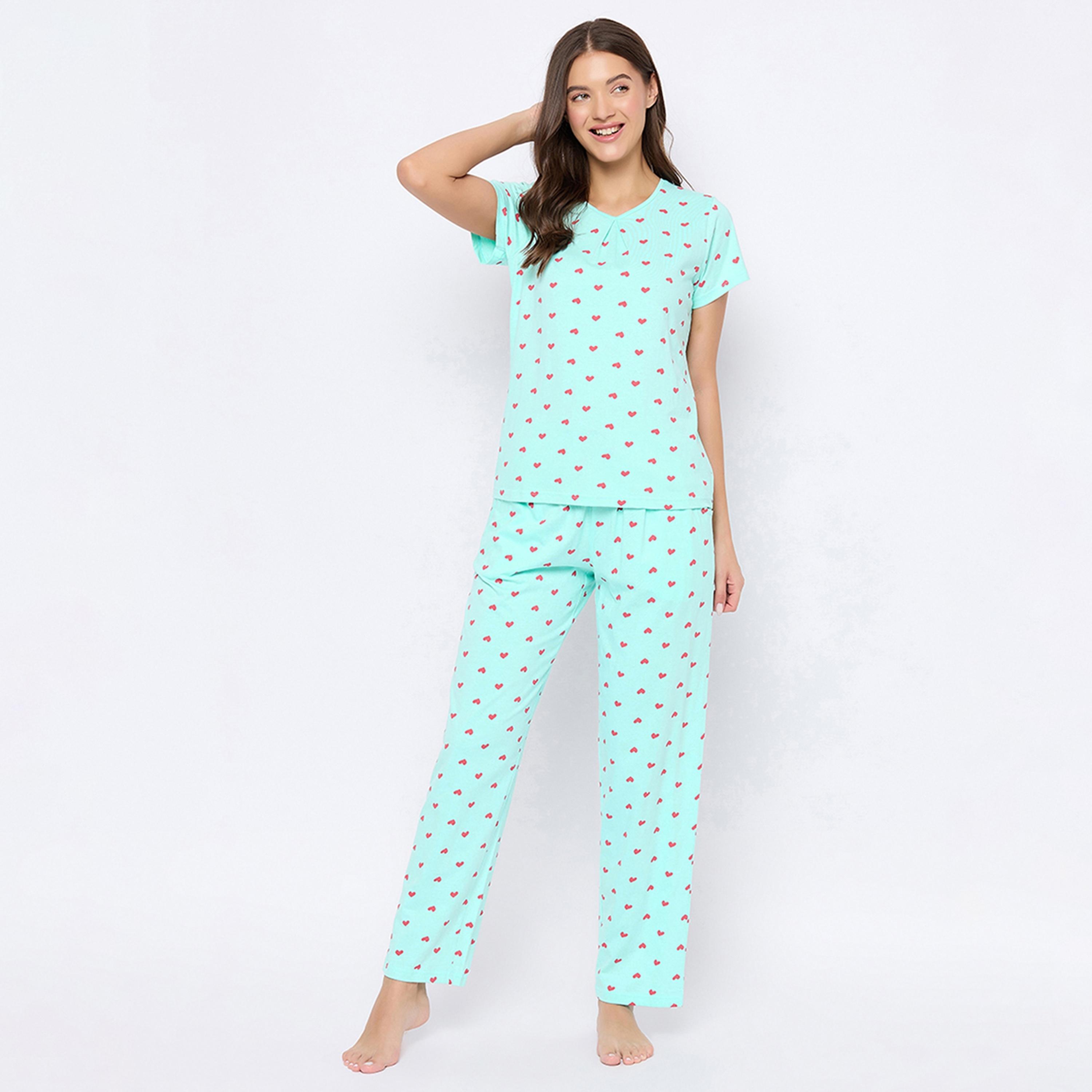 طقم بيجامة وقميص نسائي بطبعة قلب باللون الأزرق الفاتح من كلوفيا - قطن خالص-women-clothing-nightwear-pyjamas-longsets-image-10