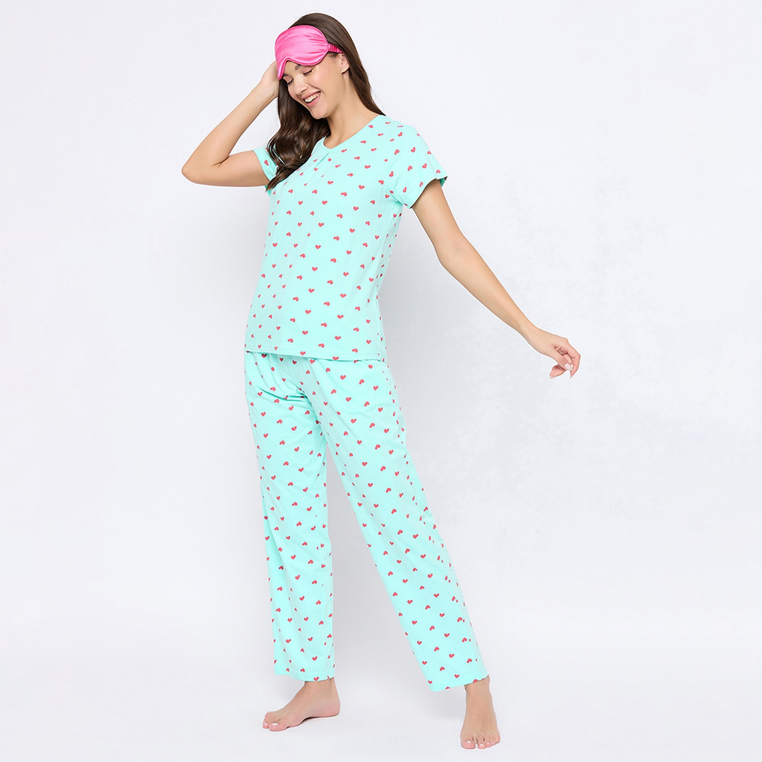طقم بيجامة وقميص نسائي بطبعة قلب باللون الأزرق الفاتح من كلوفيا - قطن خالص-women-clothing-nightwear-pyjamas-longsets-image-2