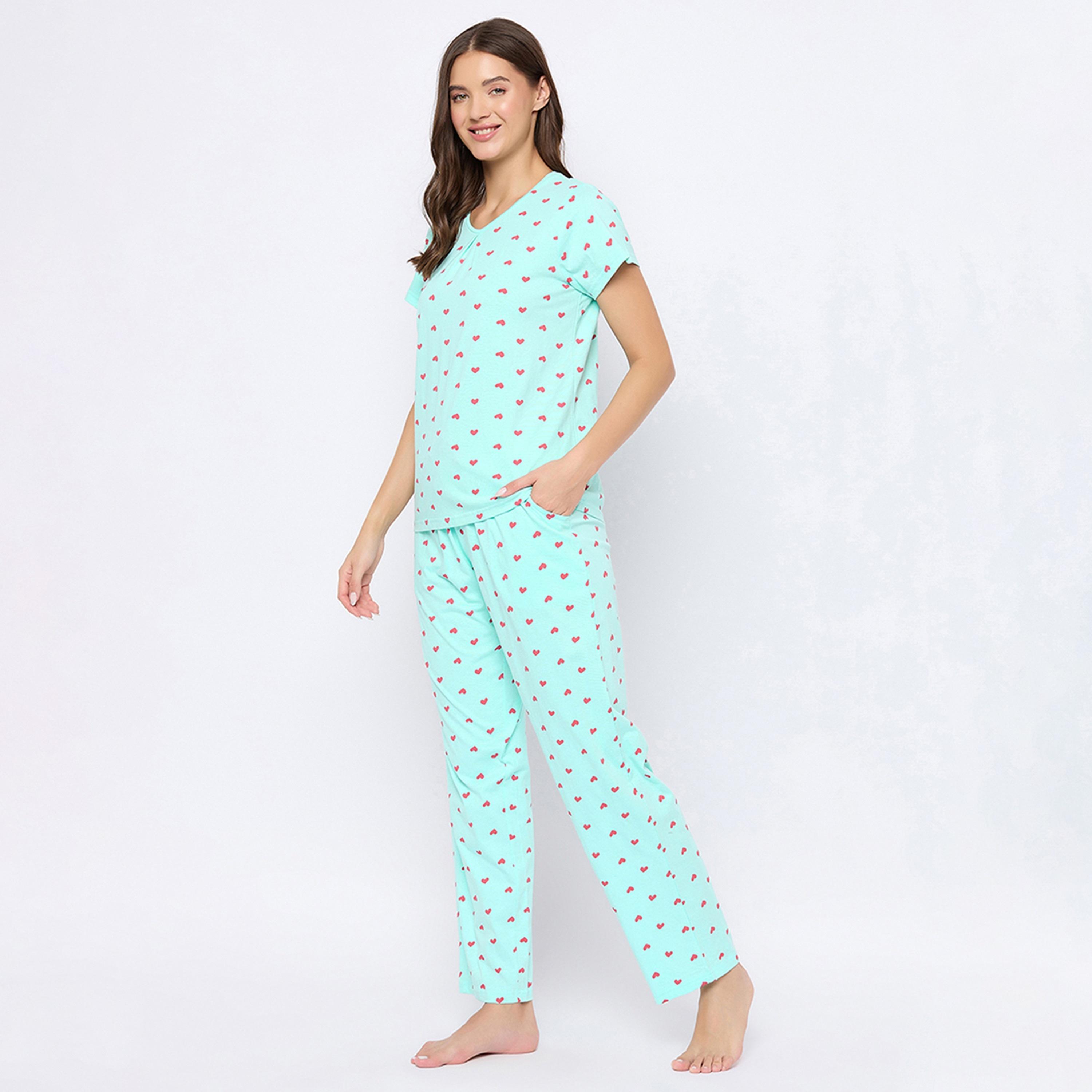 طقم بيجامة وقميص نسائي بطبعة قلب باللون الأزرق الفاتح من كلوفيا - قطن خالص-women-clothing-nightwear-pyjamas-longsets-image-3