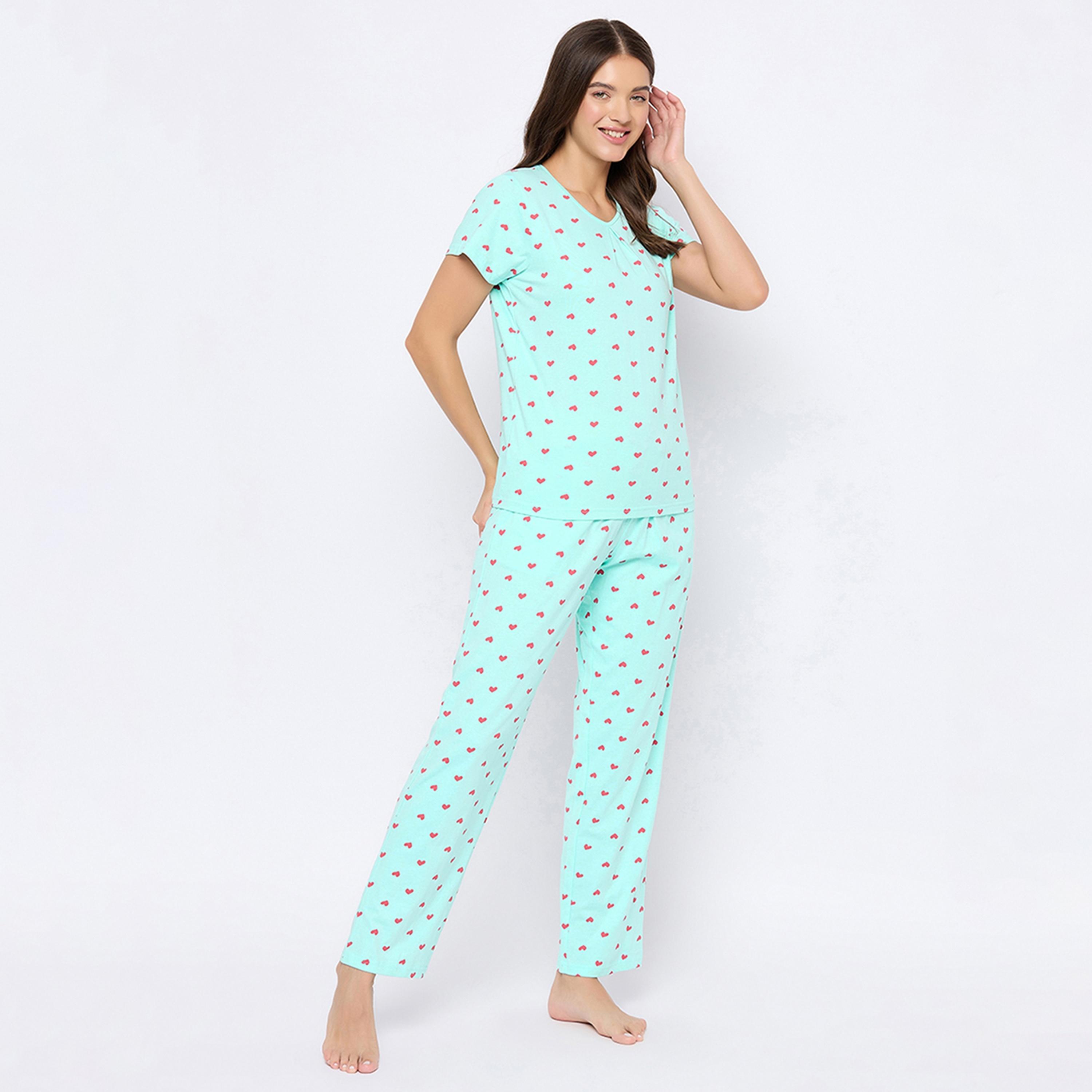 طقم بيجامة وقميص نسائي بطبعة قلب باللون الأزرق الفاتح من كلوفيا - قطن خالص-women-clothing-nightwear-pyjamas-longsets-image-4