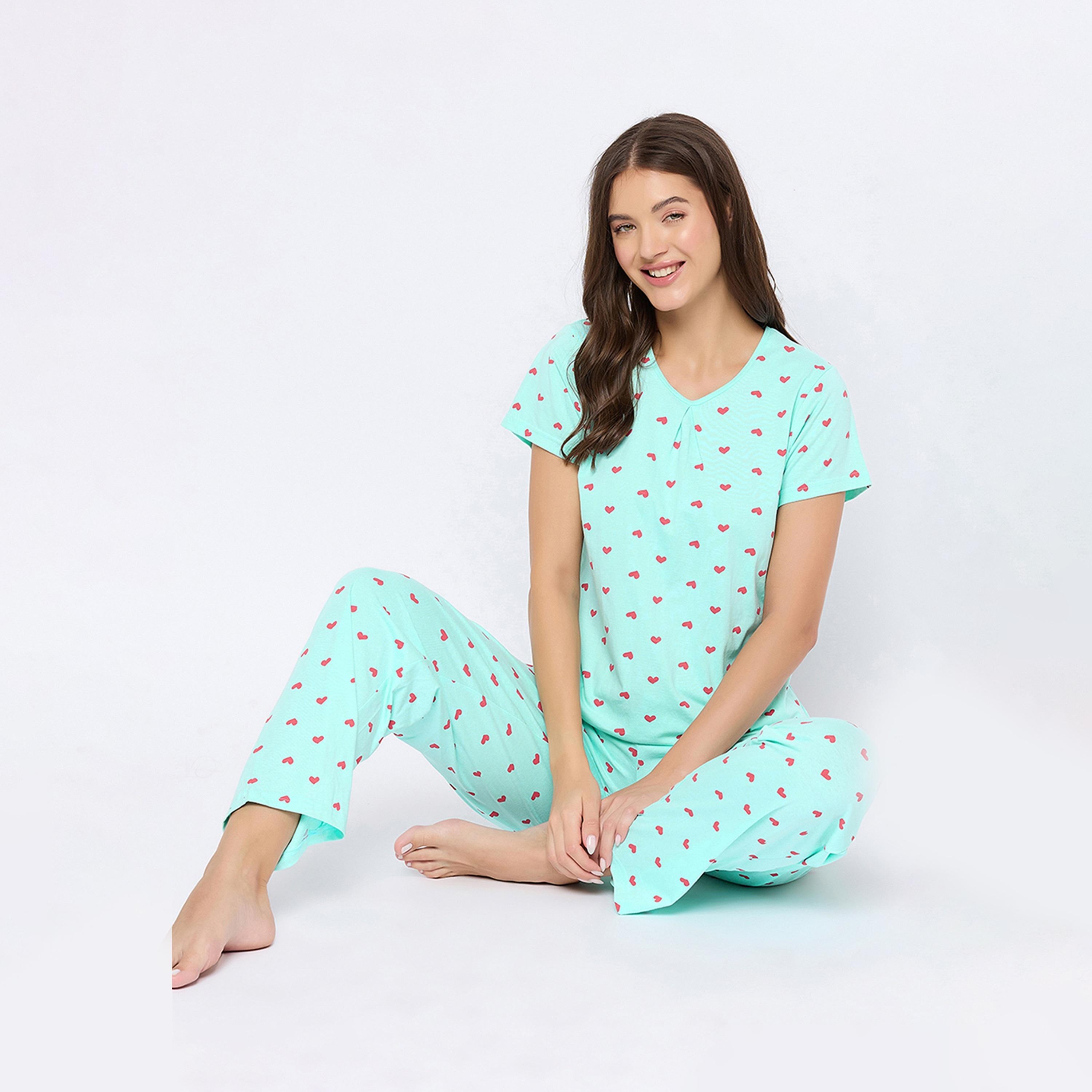 طقم بيجامة وقميص نسائي بطبعة قلب باللون الأزرق الفاتح من كلوفيا - قطن خالص-women-clothing-nightwear-pyjamas-longsets-image-8