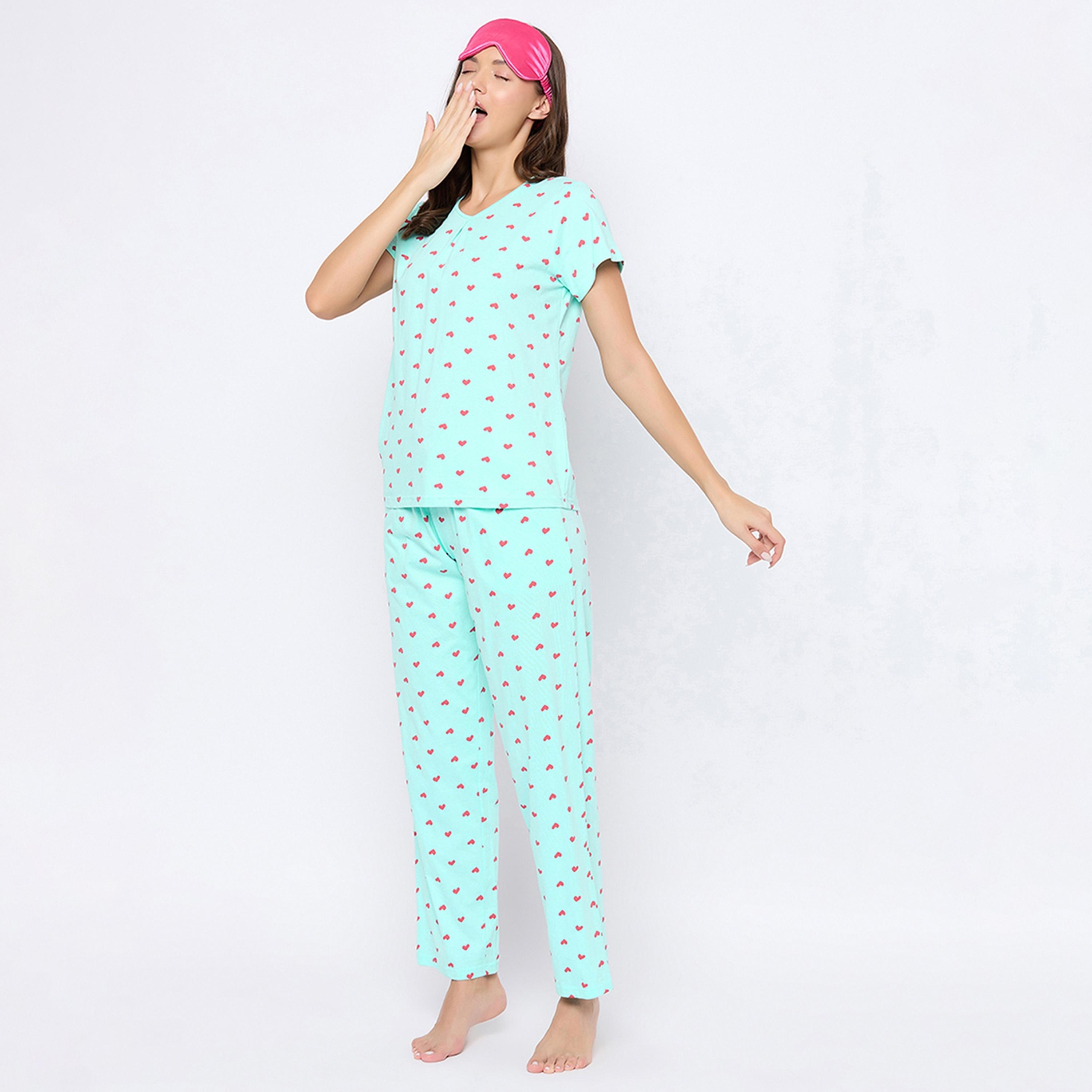 طقم بيجامة وقميص نسائي بطبعة قلب باللون الأزرق الفاتح من كلوفيا - قطن خالص-women-clothing-nightwear-pyjamas-longsets-image-9