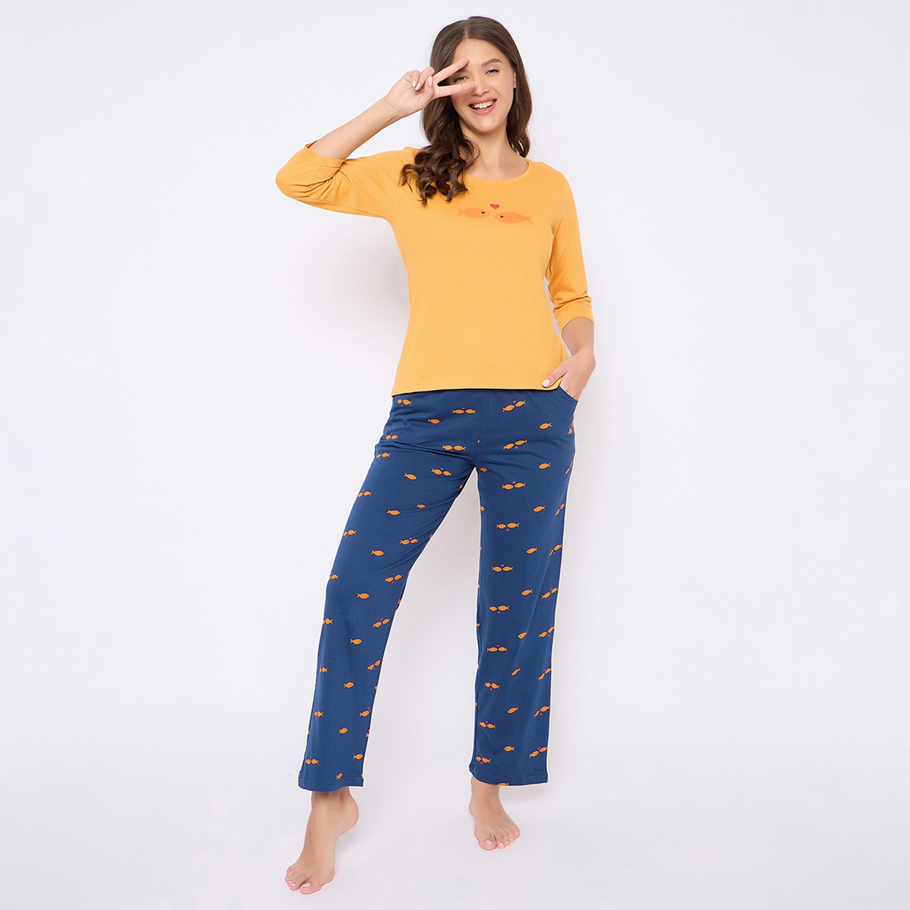 Clovia Fish Print Women's Top in Yellow & Pyjama in Navy - Pure Cotton-women-clothing-nightwear-pyjamas-longsets-image-1