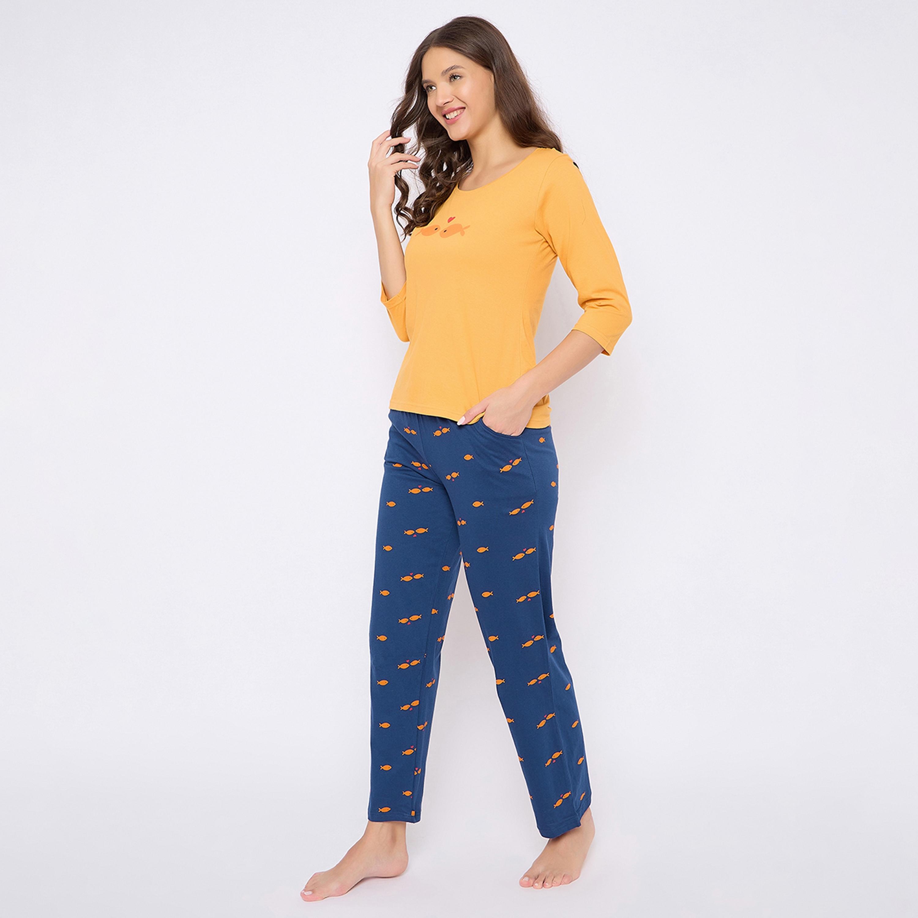 Clovia Fish Print Women's Top in Yellow & Pyjama in Navy - Pure Cotton-women-clothing-nightwear-pyjamas-longsets-image-2