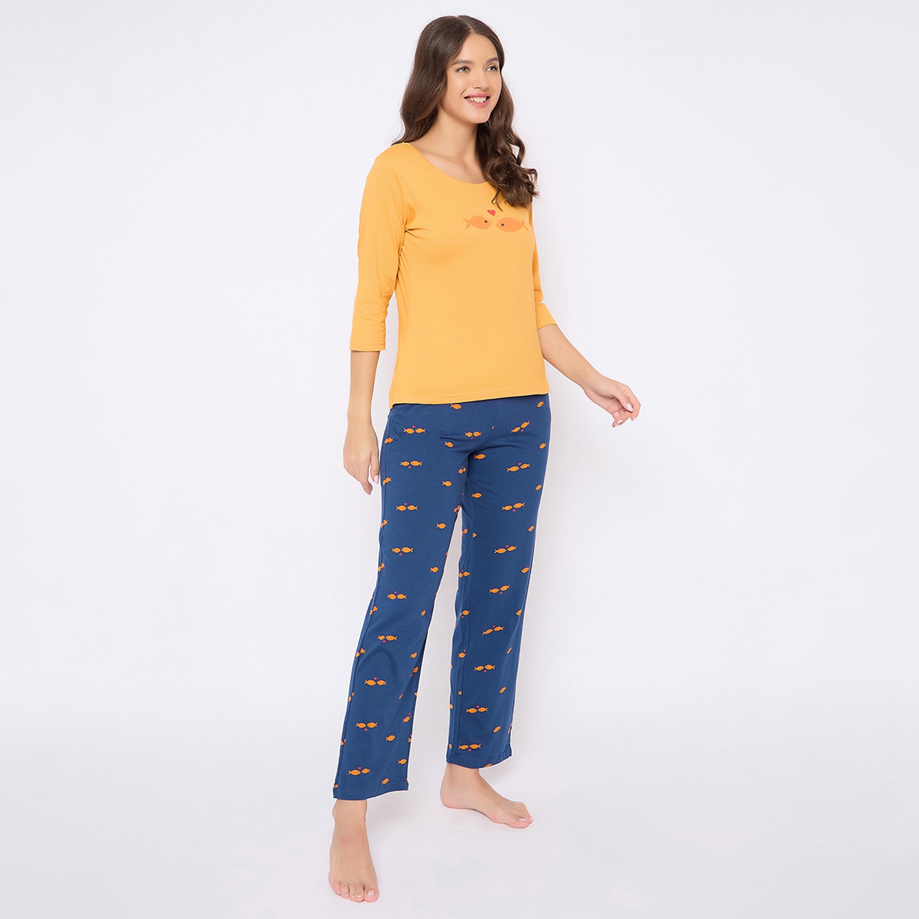 Clovia Fish Print Women's Top in Yellow & Pyjama in Navy - Pure Cotton-women-clothing-nightwear-pyjamas-longsets-image-3