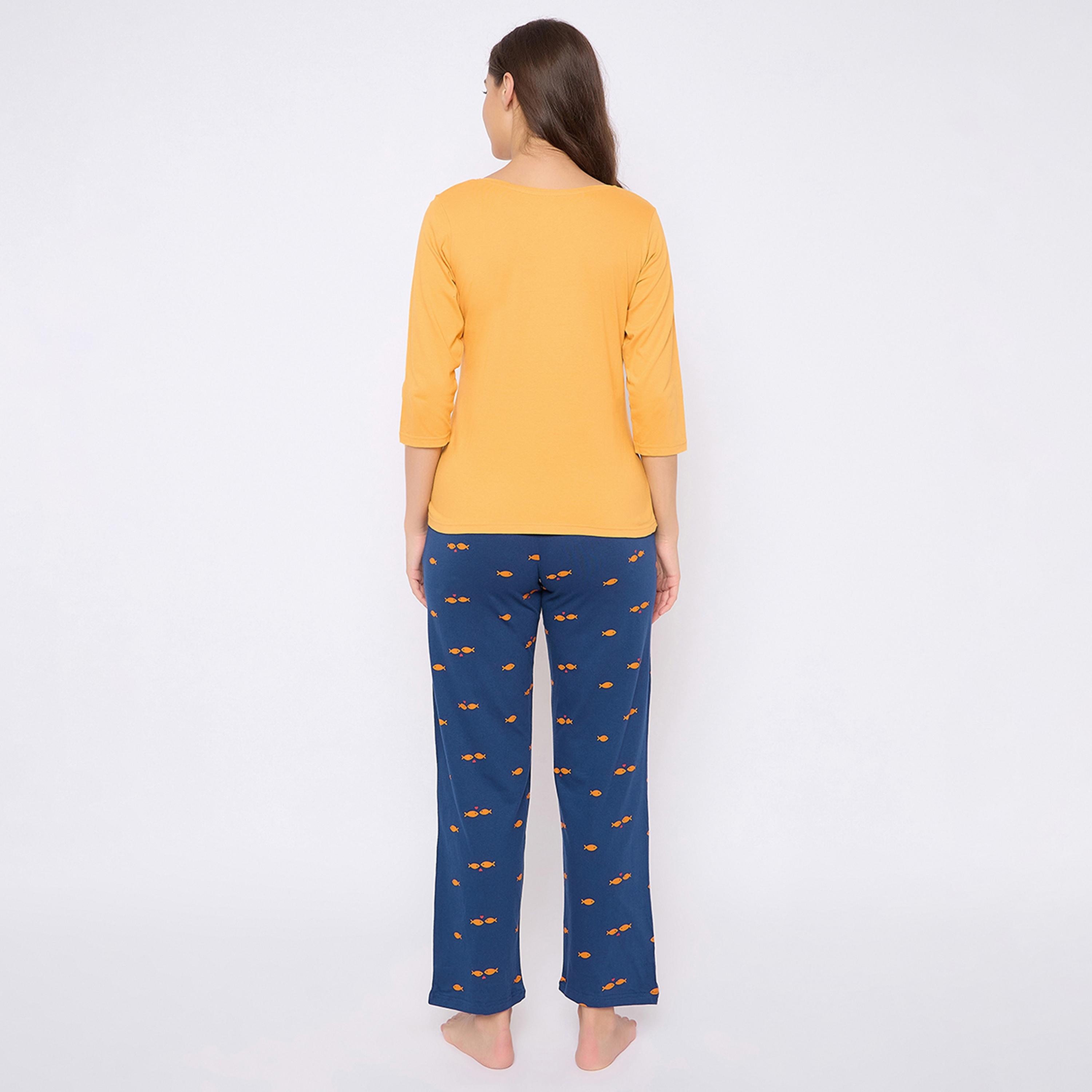 Clovia Fish Print Women's Top in Yellow & Pyjama in Navy - Pure Cotton-women-clothing-nightwear-pyjamas-longsets-image-4