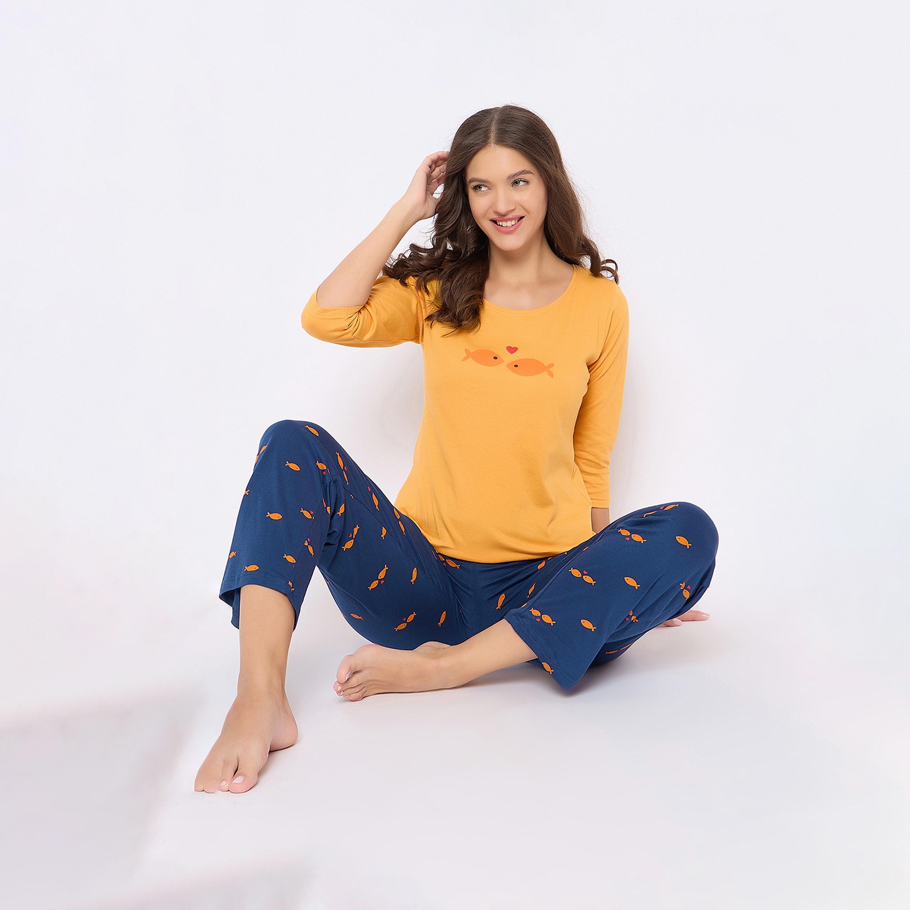Clovia Fish Print Women's Top in Yellow & Pyjama in Navy - Pure Cotton-women-clothing-nightwear-pyjamas-longsets-image-8