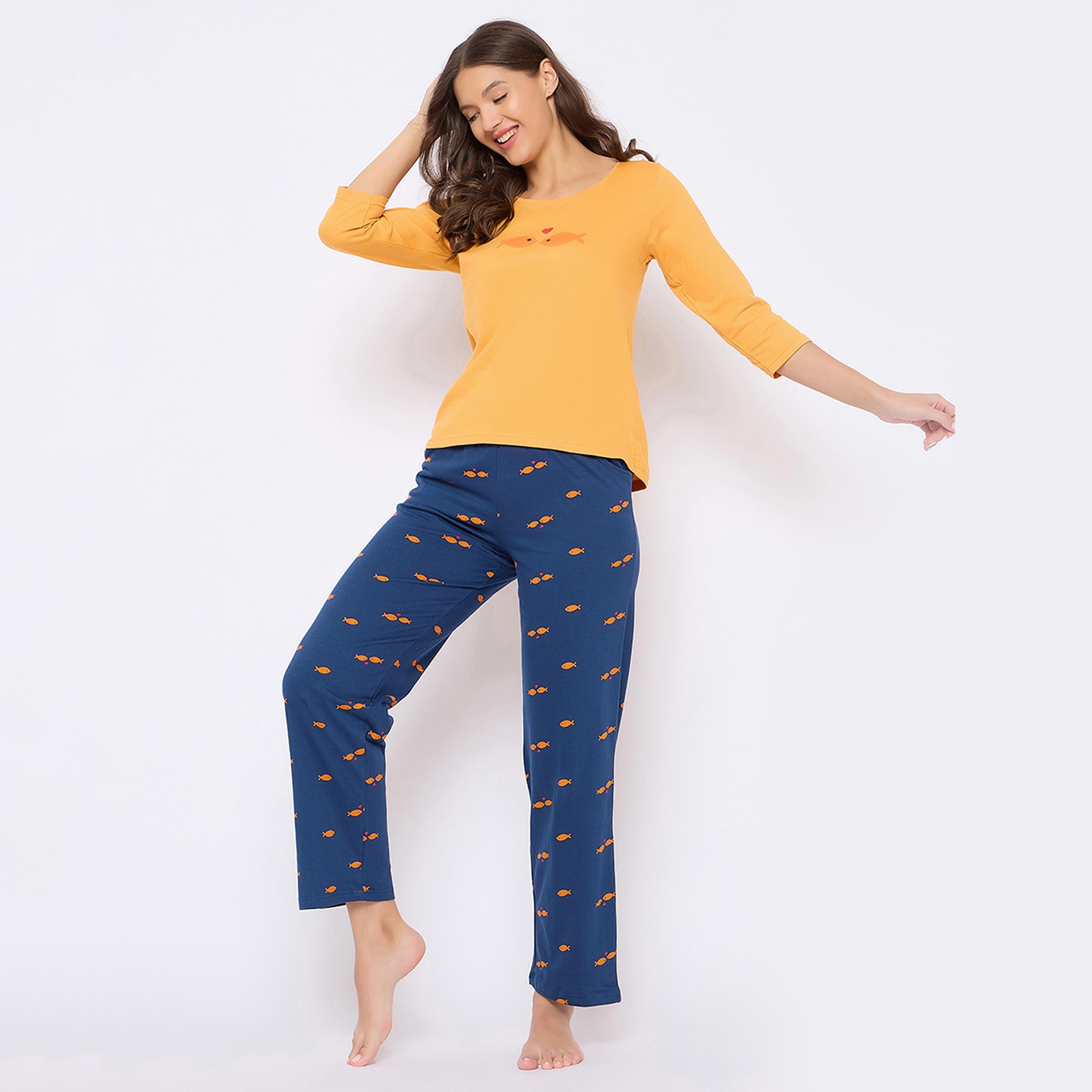 Clovia Fish Print Women's Top in Yellow & Pyjama in Navy - Pure Cotton-women-clothing-nightwear-pyjamas-longsets-image-9