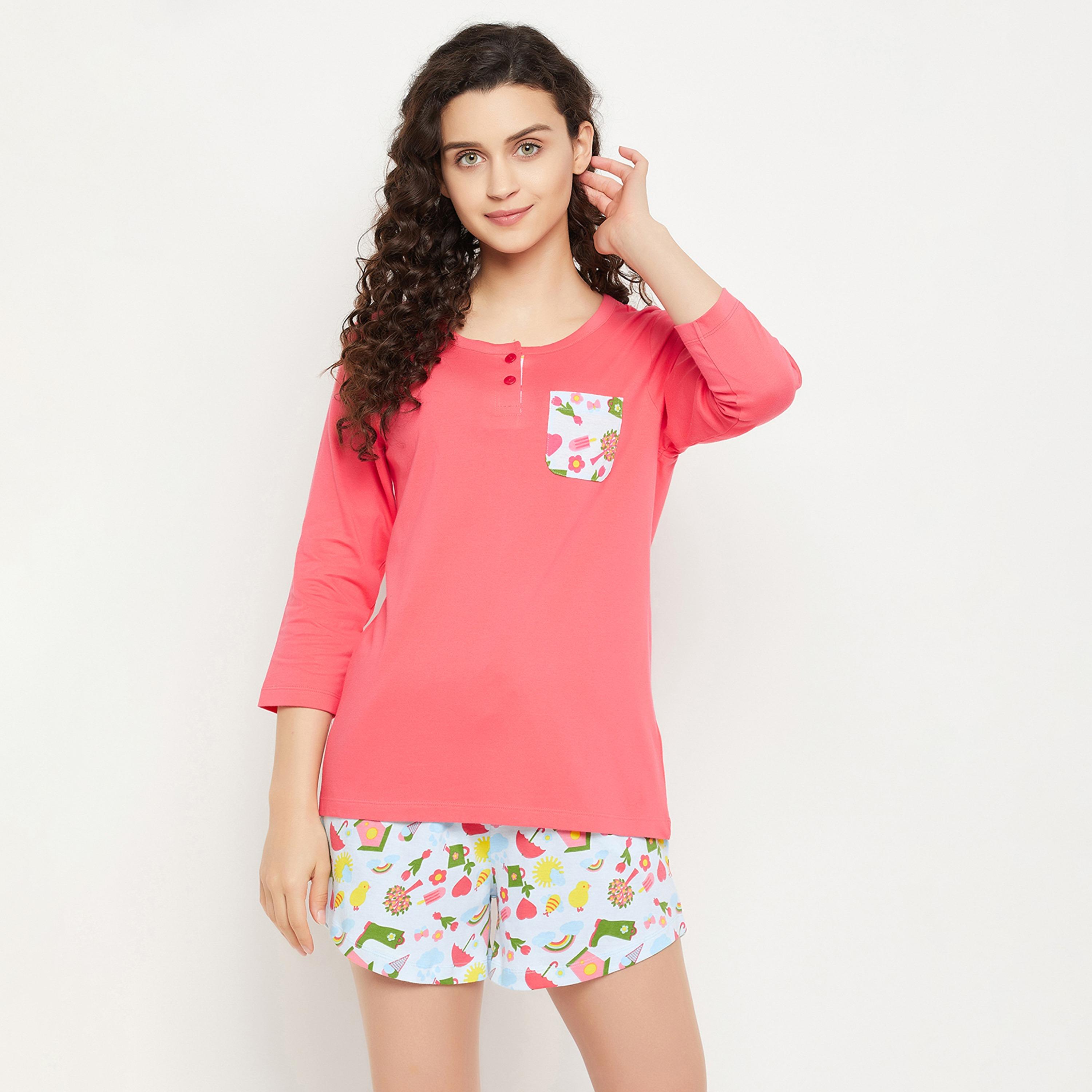 كلوفيا شيك بيسك بلوزة نسائية وطباعة مي شورت بريتي باللون الوردي السلمون - 100٪ قطن-women-clothing-nightwear-pyjamas-longsets-image-1