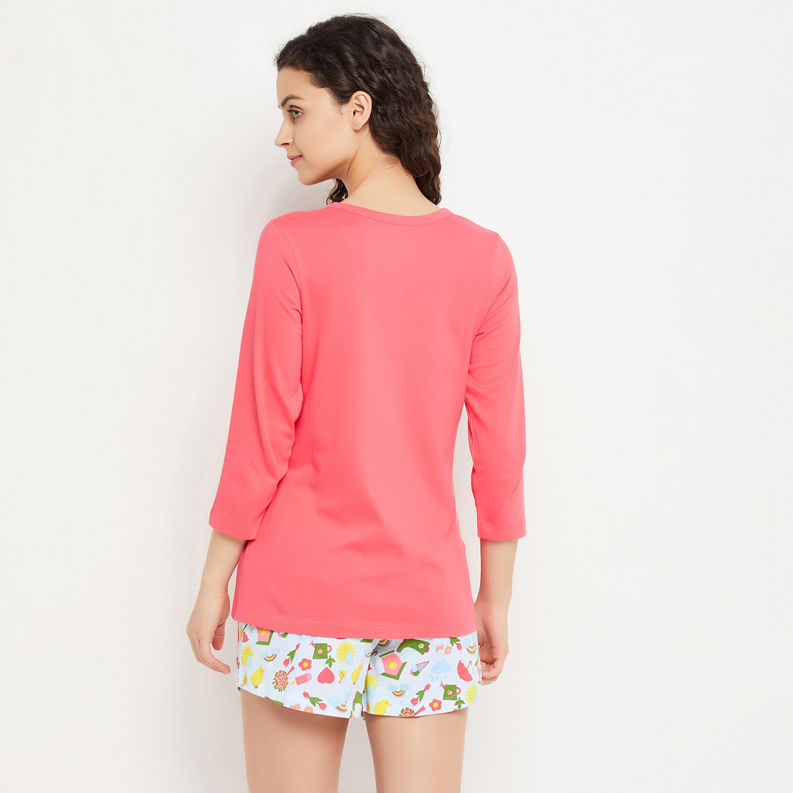 كلوفيا شيك بيسك بلوزة نسائية وطباعة مي شورت بريتي باللون الوردي السلمون - 100٪ قطن-women-clothing-nightwear-pyjamas-longsets-image-4