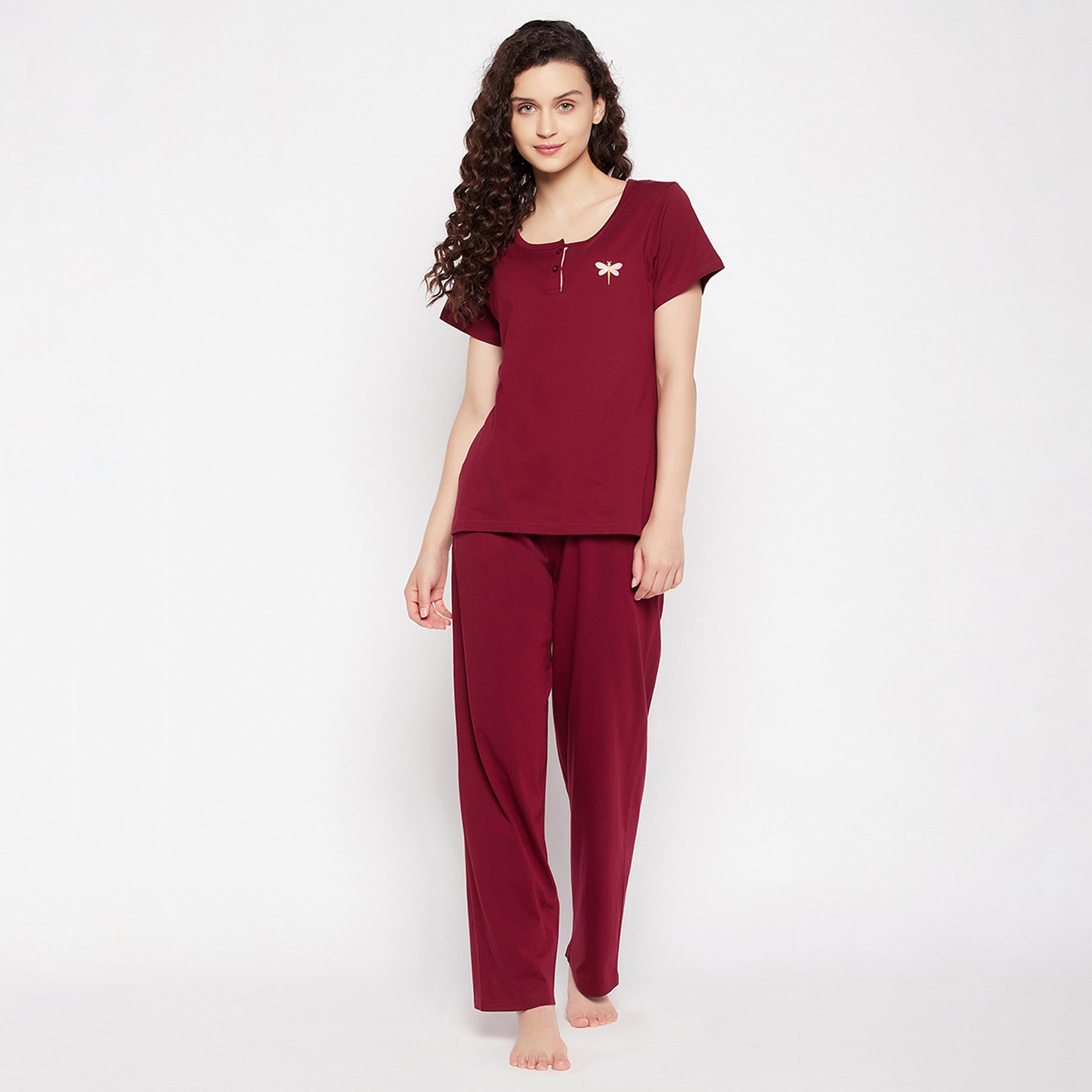 Clovia Chic Basic Women's Top & Pyjama Set in Plum Colour - Pure Cotton-women-clothing-nightwear-pyjamas-longsets-image-1