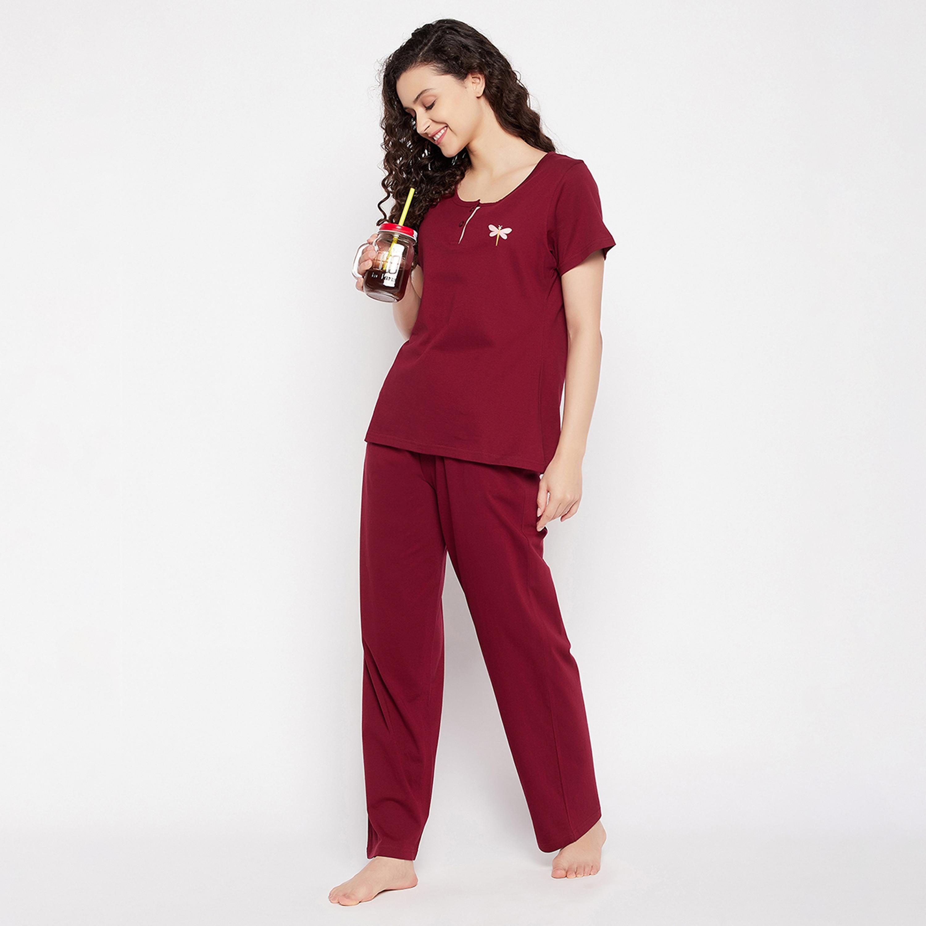 Clovia Chic Basic Women's Top & Pyjama Set in Plum Colour - Pure Cotton-women-clothing-nightwear-pyjamas-longsets-image-2