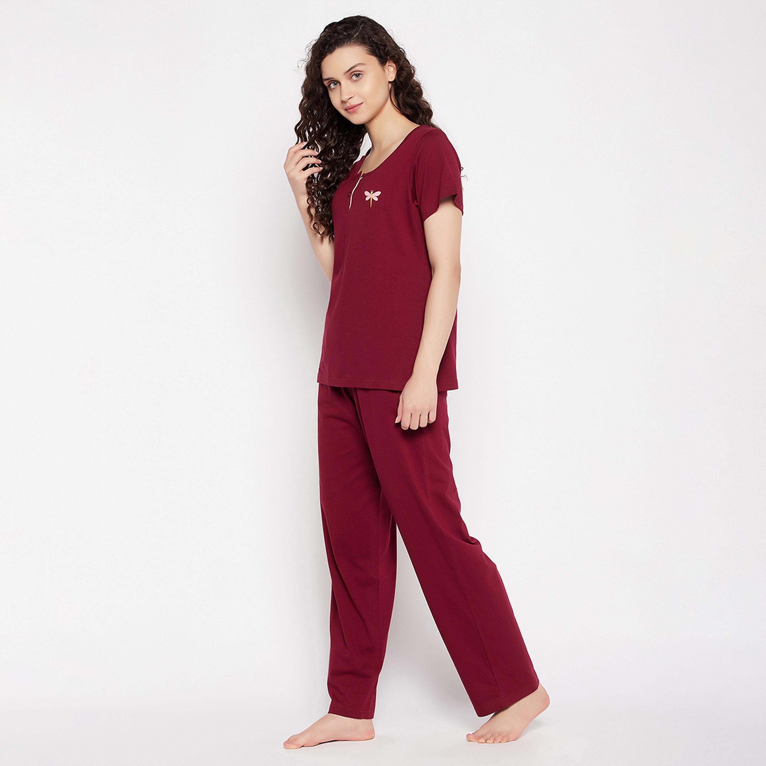 Clovia Chic Basic Women's Top & Pyjama Set in Plum Colour - Pure Cotton-women-clothing-nightwear-pyjamas-longsets-image-3
