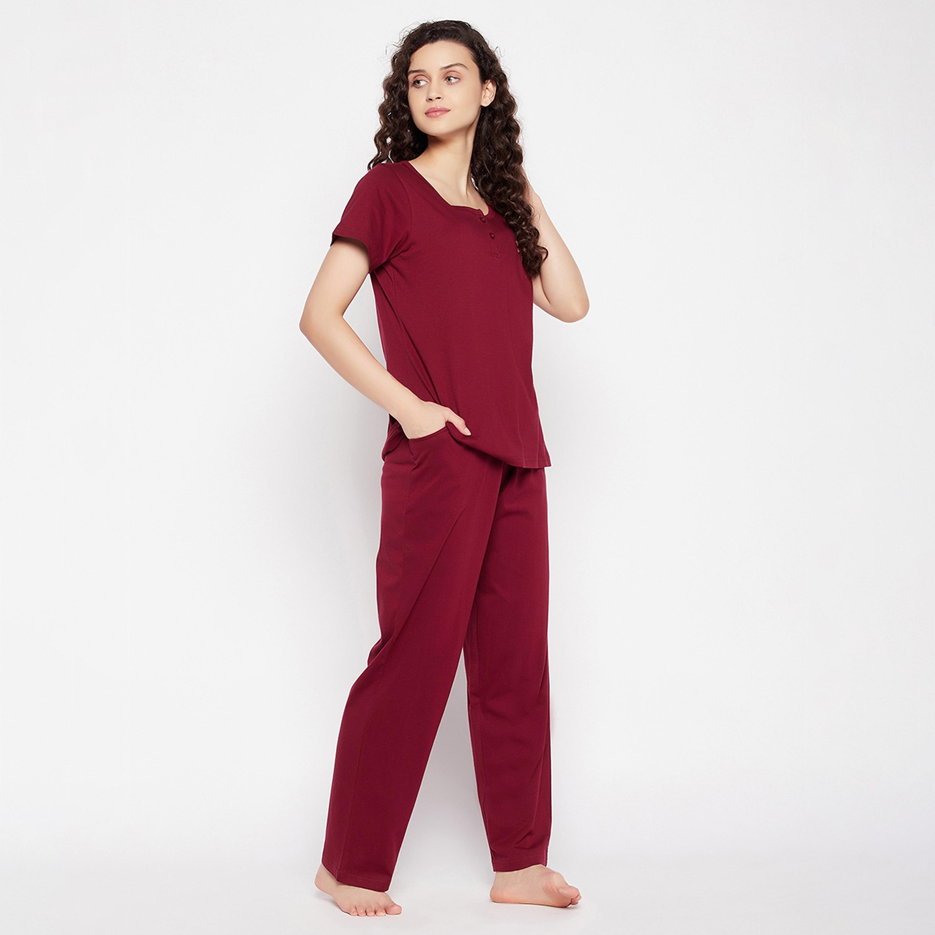 Clovia Chic Basic Women's Top & Pyjama Set in Plum Colour - Pure Cotton-women-clothing-nightwear-pyjamas-longsets-image-4
