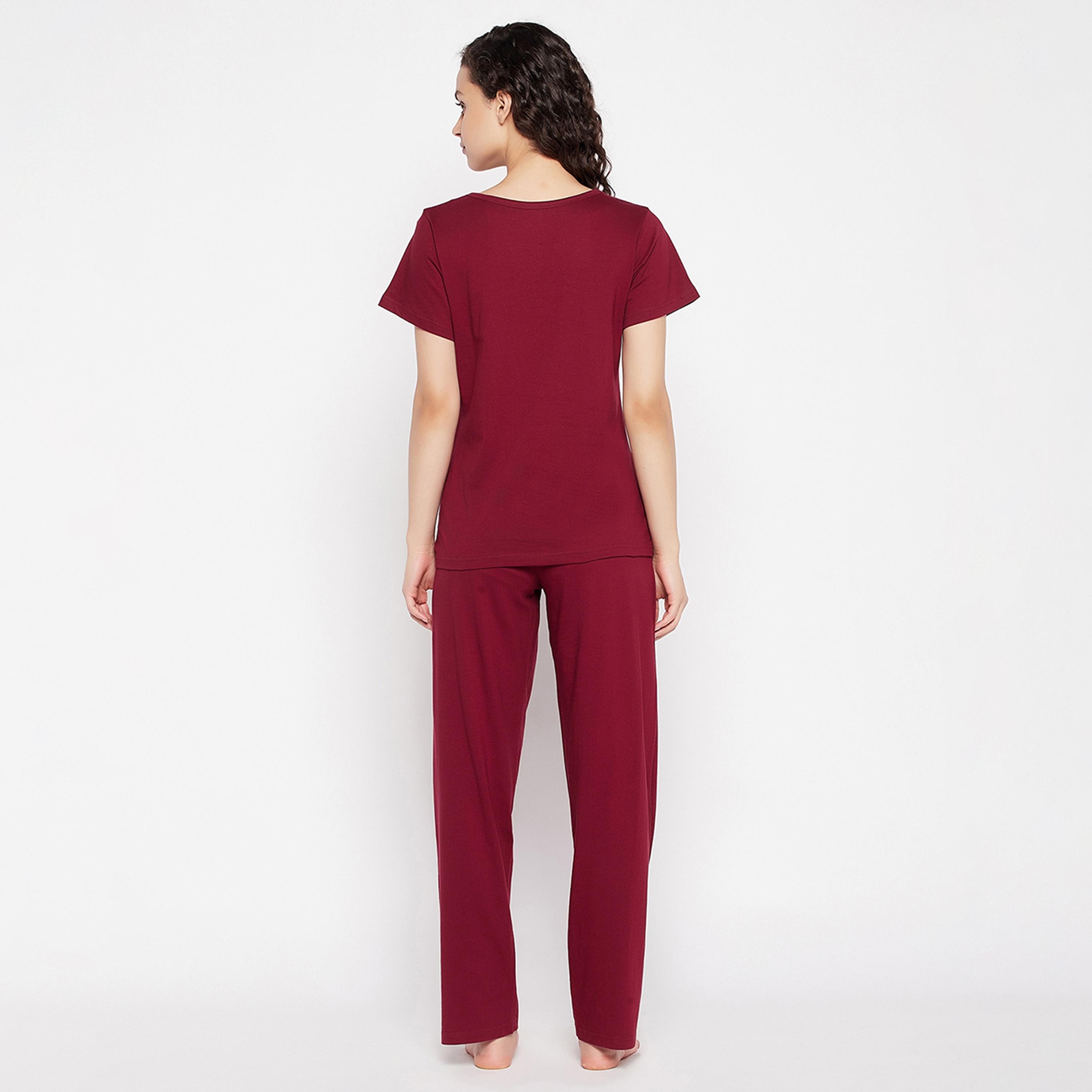 Clovia Chic Basic Women's Top & Pyjama Set in Plum Colour - Pure Cotton-women-clothing-nightwear-pyjamas-longsets-image-5