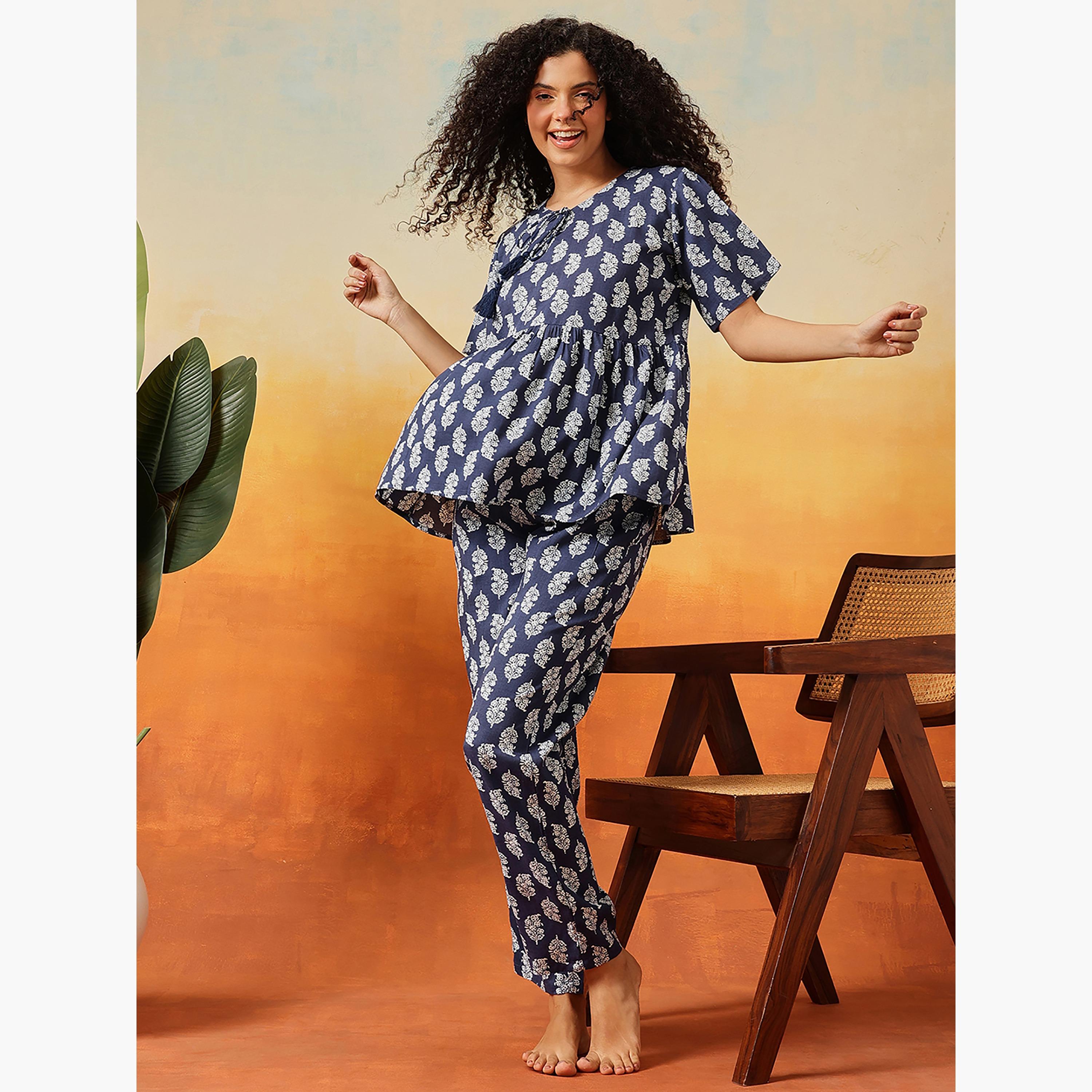 Clovia Leaf Print Peplum Women's Top & Pyjama Set in Dark Blue - Rayon-women-clothing-nightwear-pyjamas-longsets-image-1