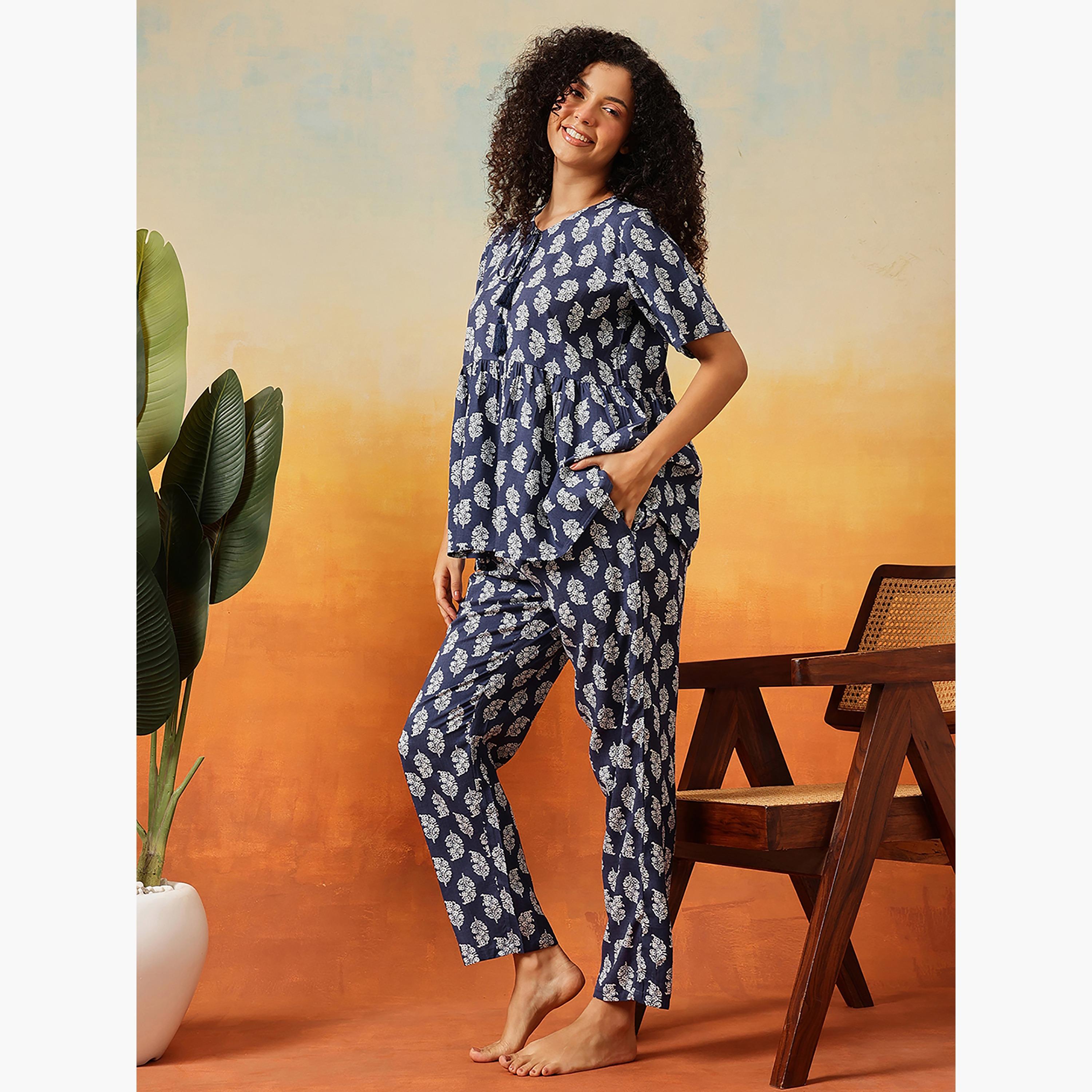 Clovia Leaf Print Peplum Women's Top & Pyjama Set in Dark Blue - Rayon-women-clothing-nightwear-pyjamas-longsets-image-2