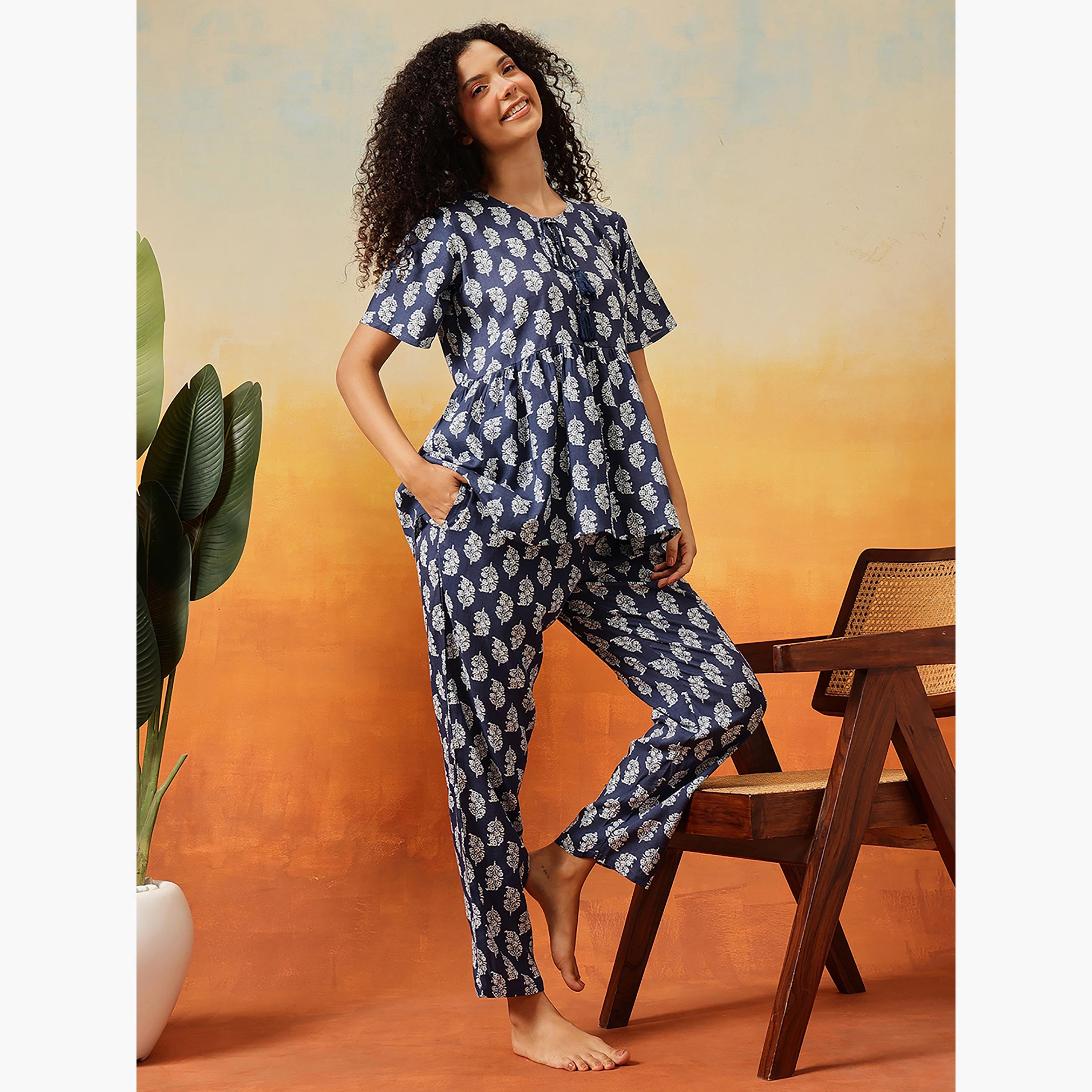 Clovia Leaf Print Peplum Women's Top & Pyjama Set in Dark Blue - Rayon-women-clothing-nightwear-pyjamas-longsets-image-3