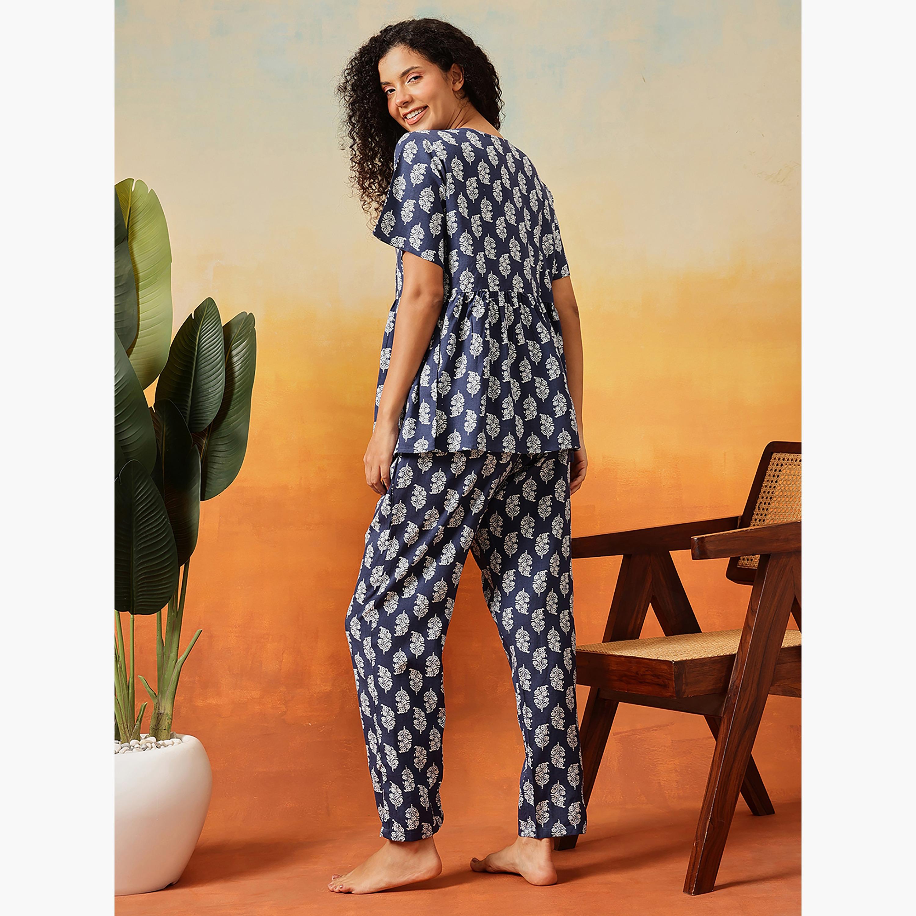Clovia Leaf Print Peplum Women's Top & Pyjama Set in Dark Blue - Rayon-women-clothing-nightwear-pyjamas-longsets-image-4
