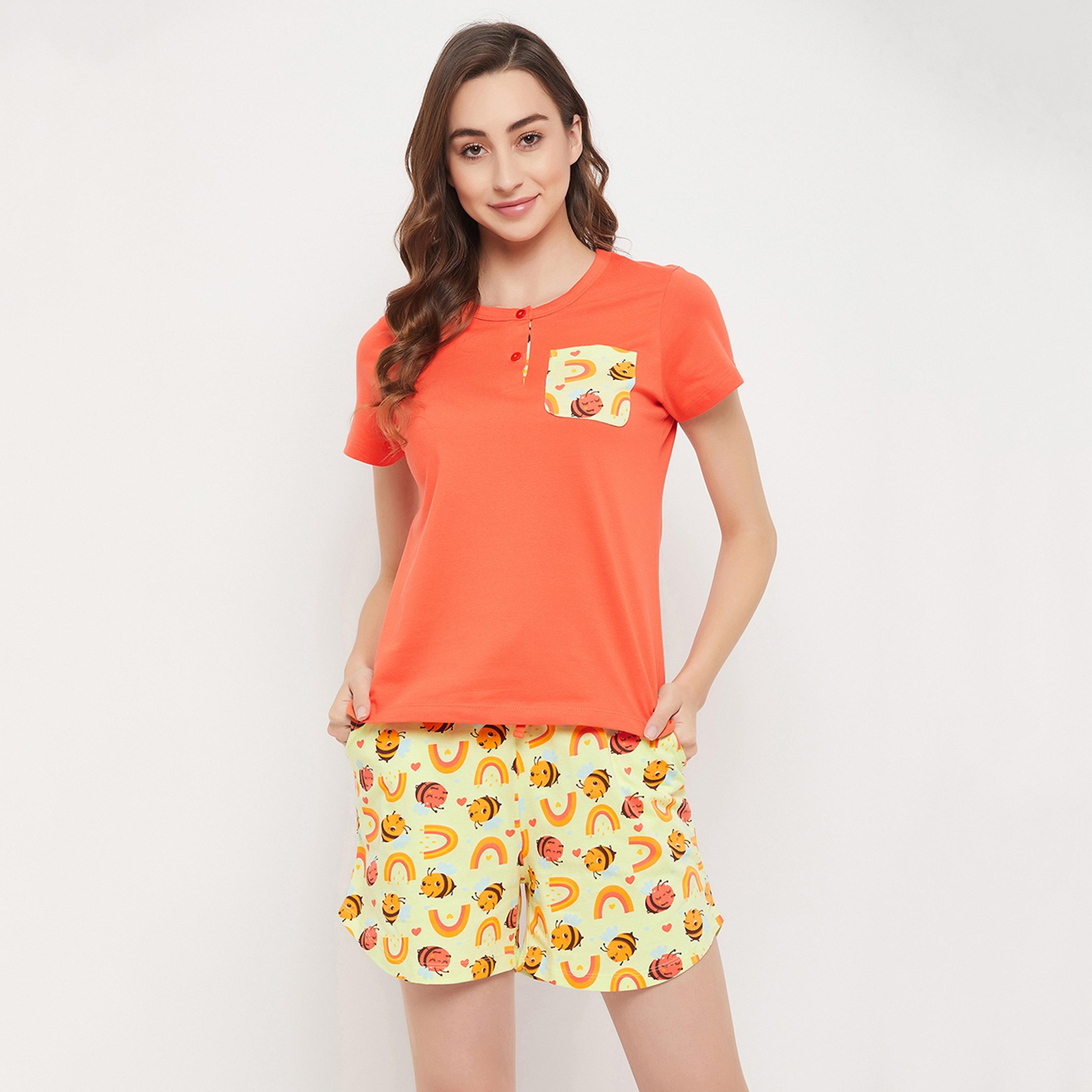 Clovia Chic Women's Basic Top in Orange & Bee Print Shorts in Mint Green - Pure Cotton-women-clothing-nightwear-pyjamas-longsets-image-1