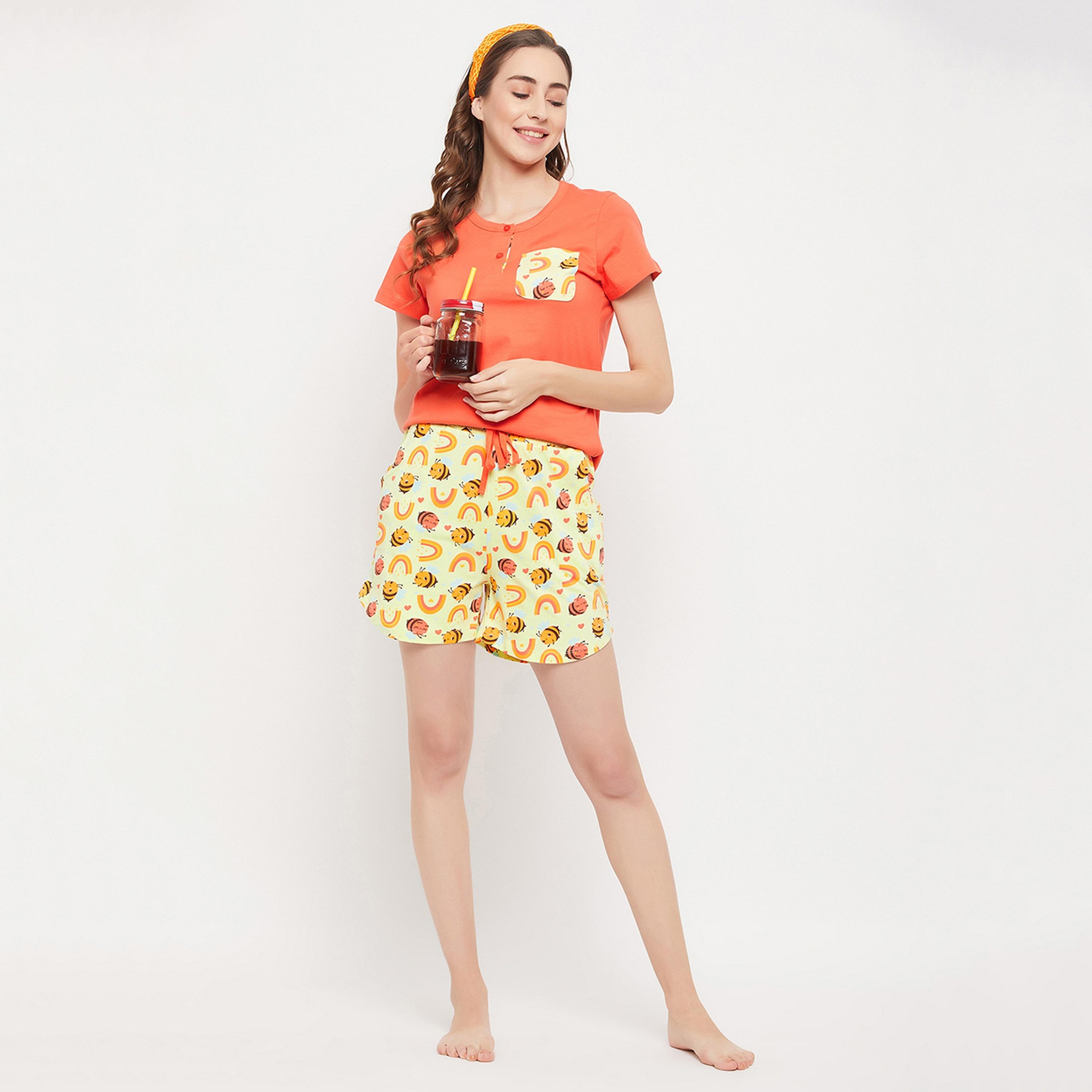 Clovia Chic Women's Basic Top in Orange & Bee Print Shorts in Mint Green - Pure Cotton-women-clothing-nightwear-pyjamas-longsets-image-2