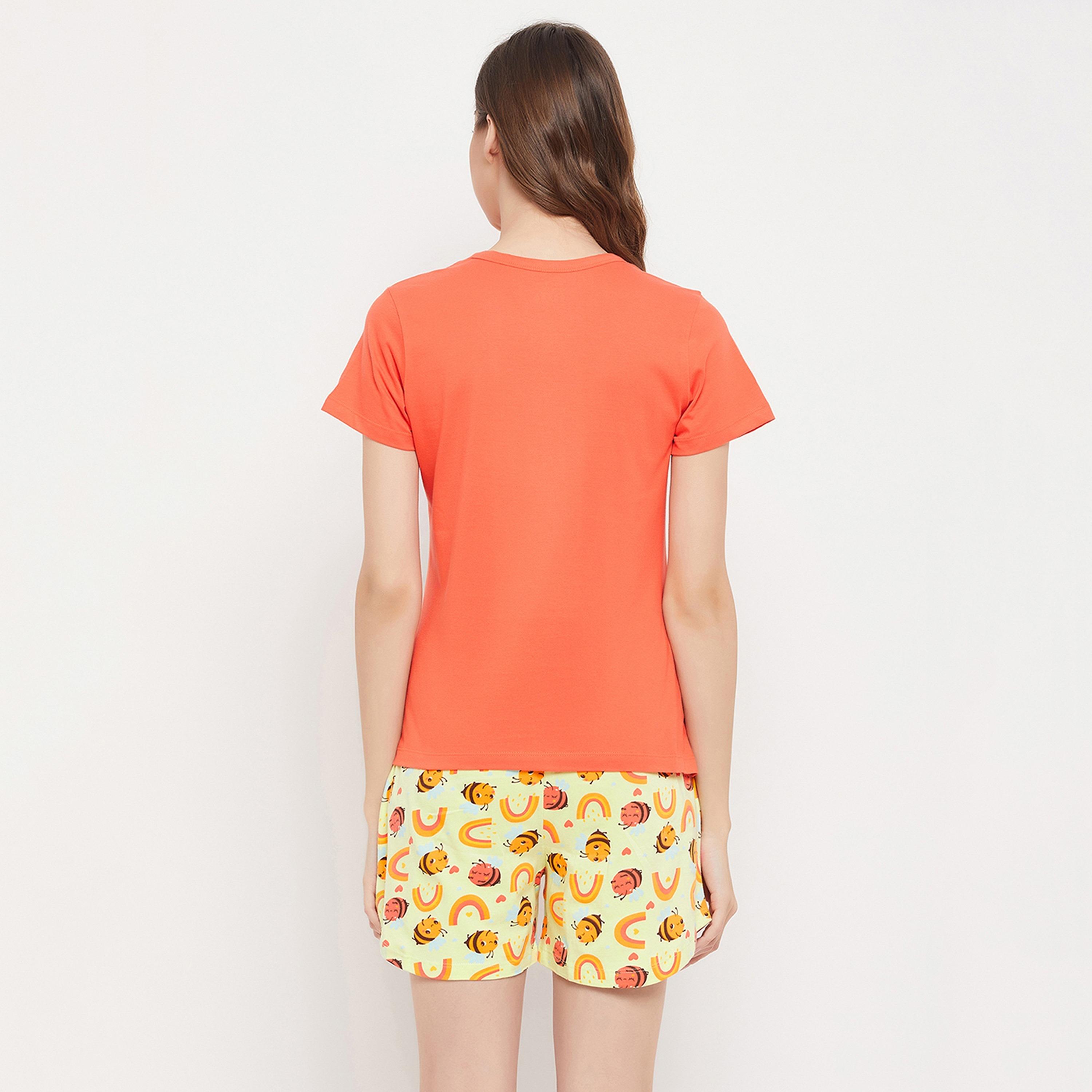 Clovia Chic Women's Basic Top in Orange & Bee Print Shorts in Mint Green - Pure Cotton-women-clothing-nightwear-pyjamas-longsets-image-5
