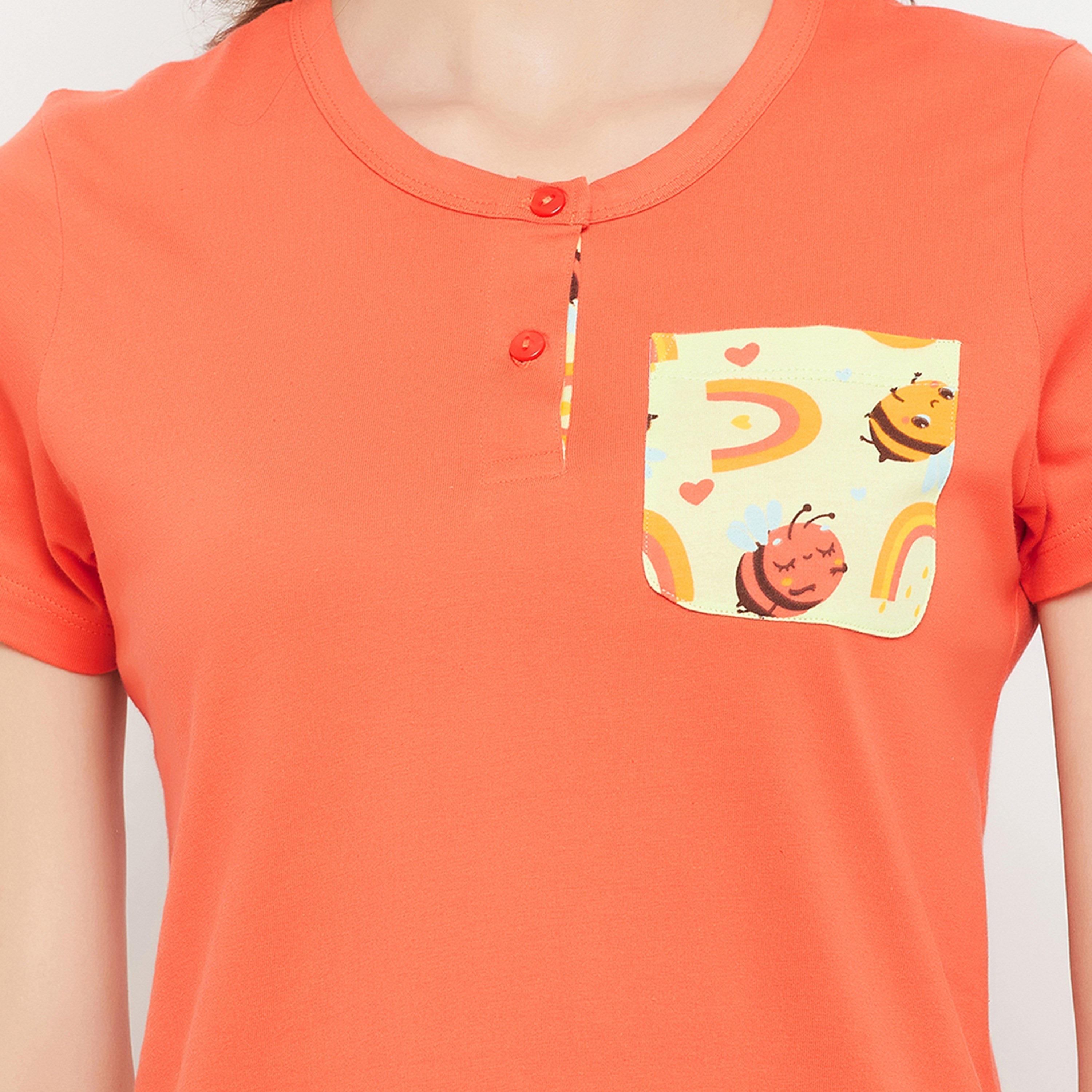Clovia Chic Women's Basic Top in Orange & Bee Print Shorts in Mint Green - Pure Cotton-women-clothing-nightwear-pyjamas-longsets-image-6