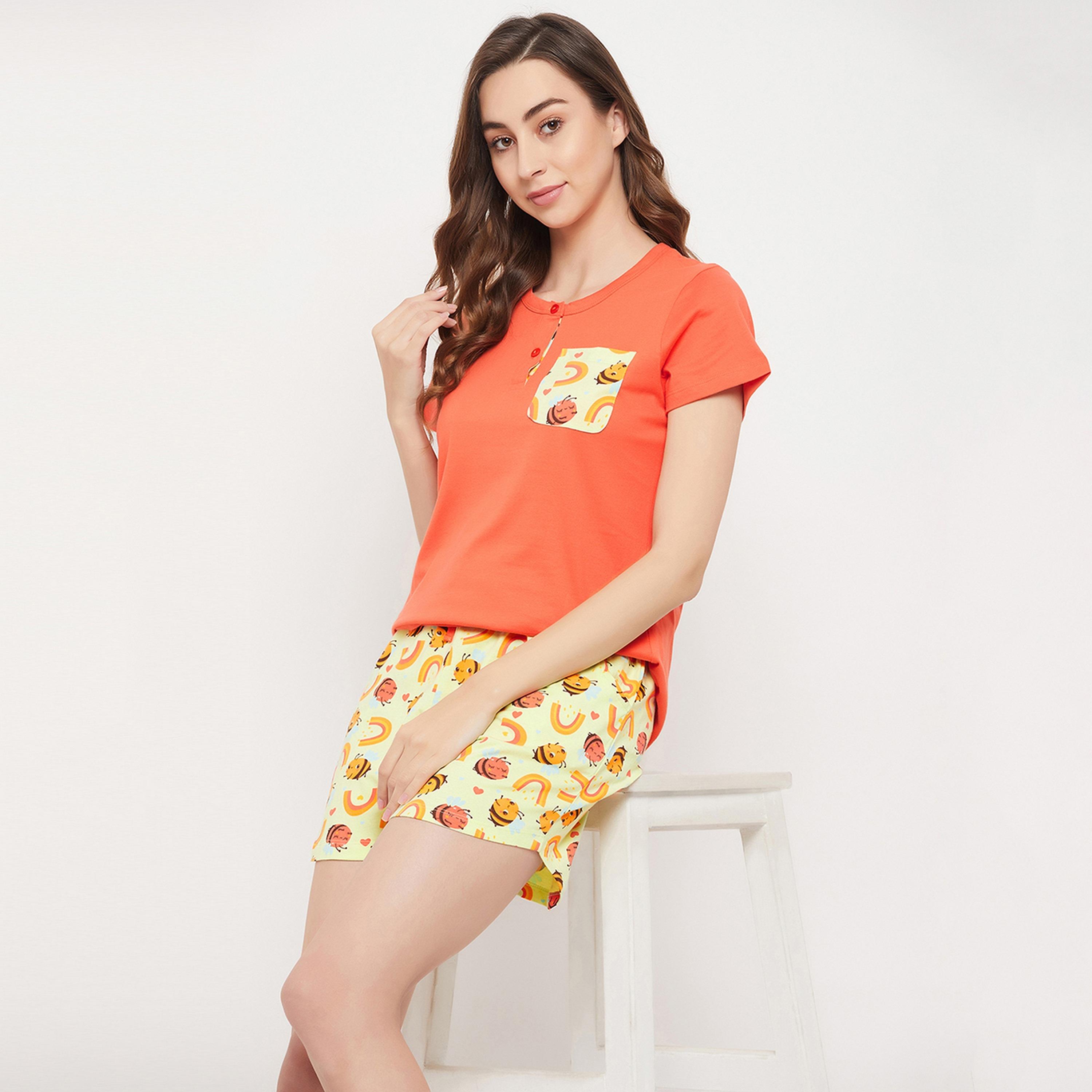 Clovia Chic Women's Basic Top in Orange & Bee Print Shorts in Mint Green - Pure Cotton-women-clothing-nightwear-pyjamas-longsets-image-8