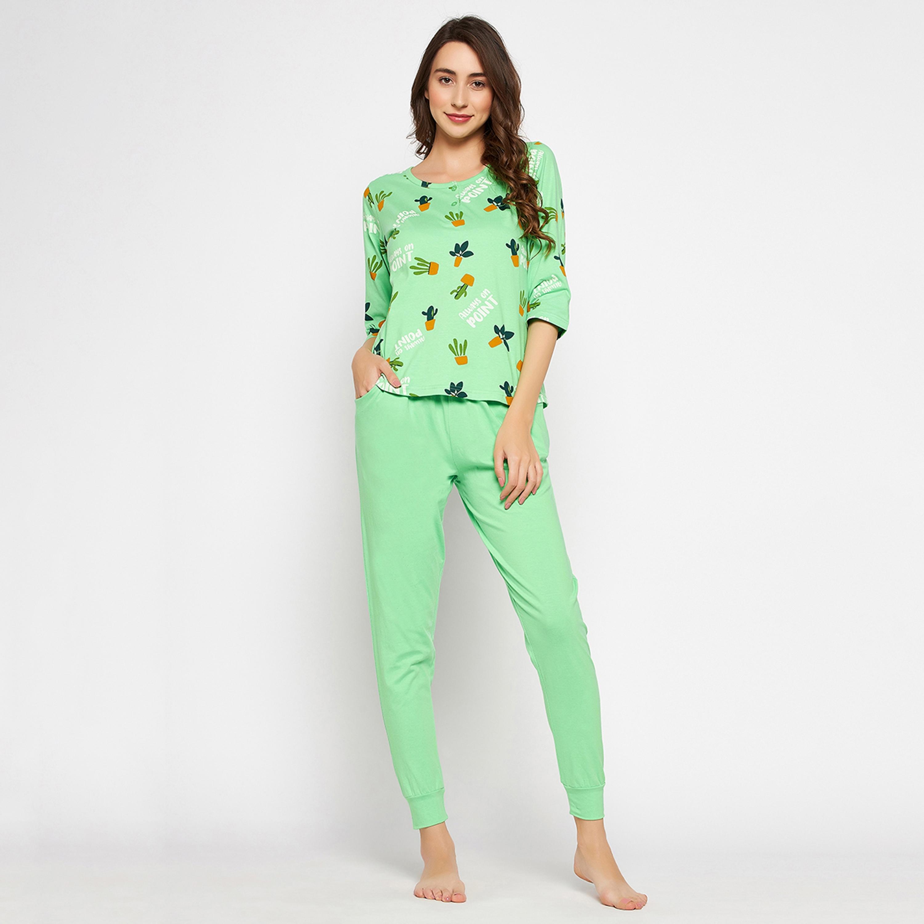 Clovia Cactus Print Women's Top & Chic Basic Pyjama Set in Mint Green - Pure Cotton-women-clothing-nightwear-pyjamas-longsets-image-1