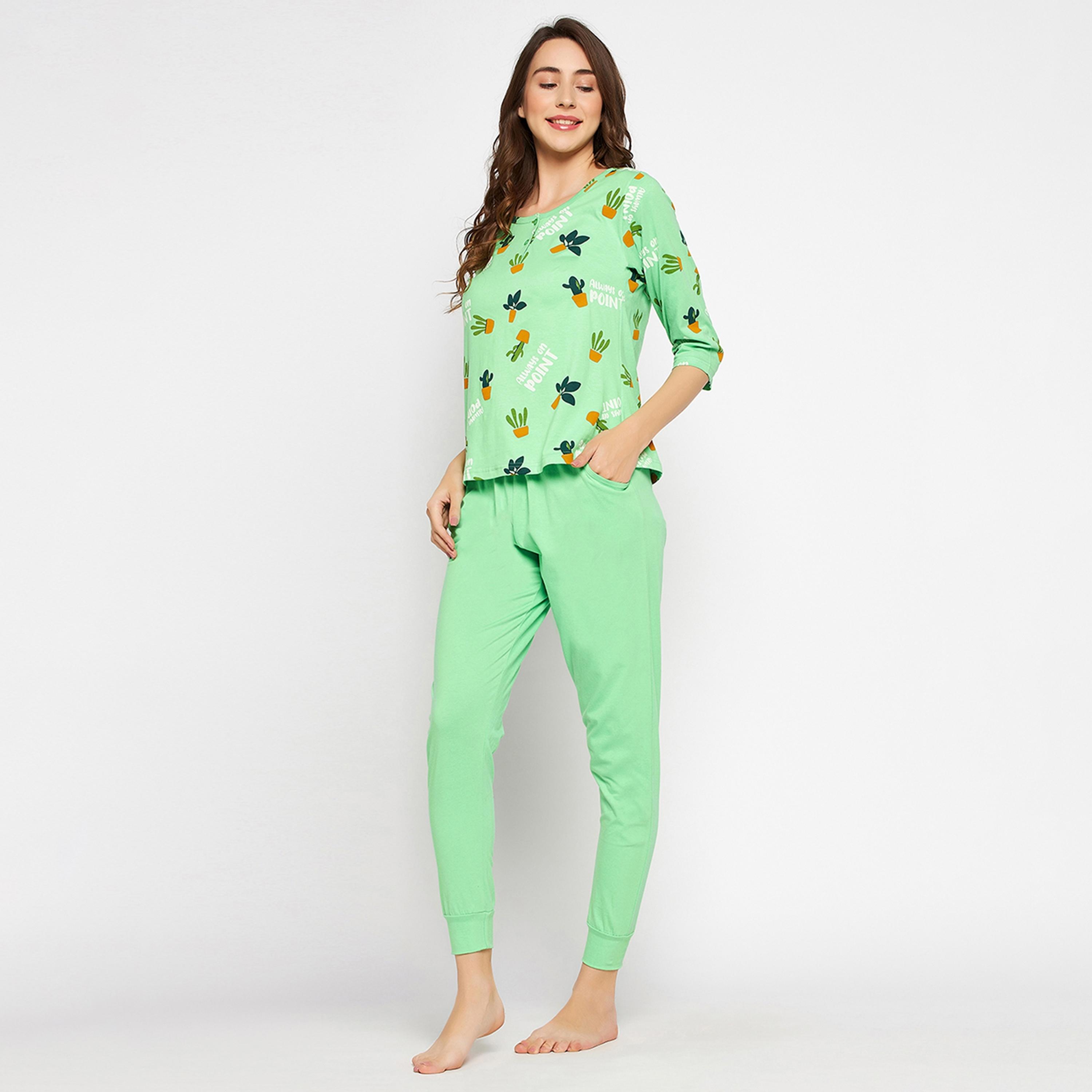 Clovia Cactus Print Women's Top & Chic Basic Pyjama Set in Mint Green - Pure Cotton-women-clothing-nightwear-pyjamas-longsets-image-2