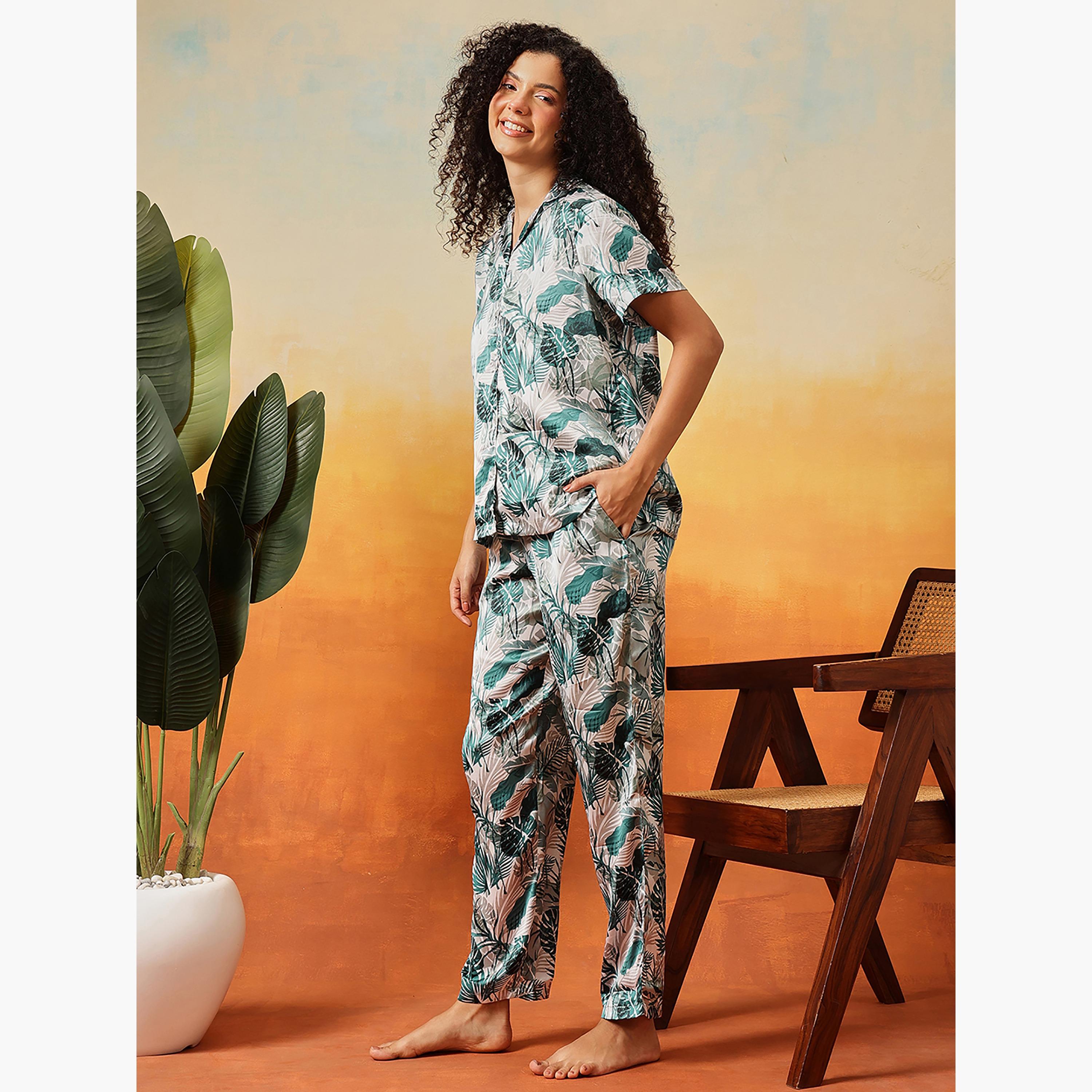Clovia Leaf Print Button-Down Women's Shirt & Pyjama Set in Light Green - Satin-women-clothing-nightwear-pyjamas-longsets-image-2