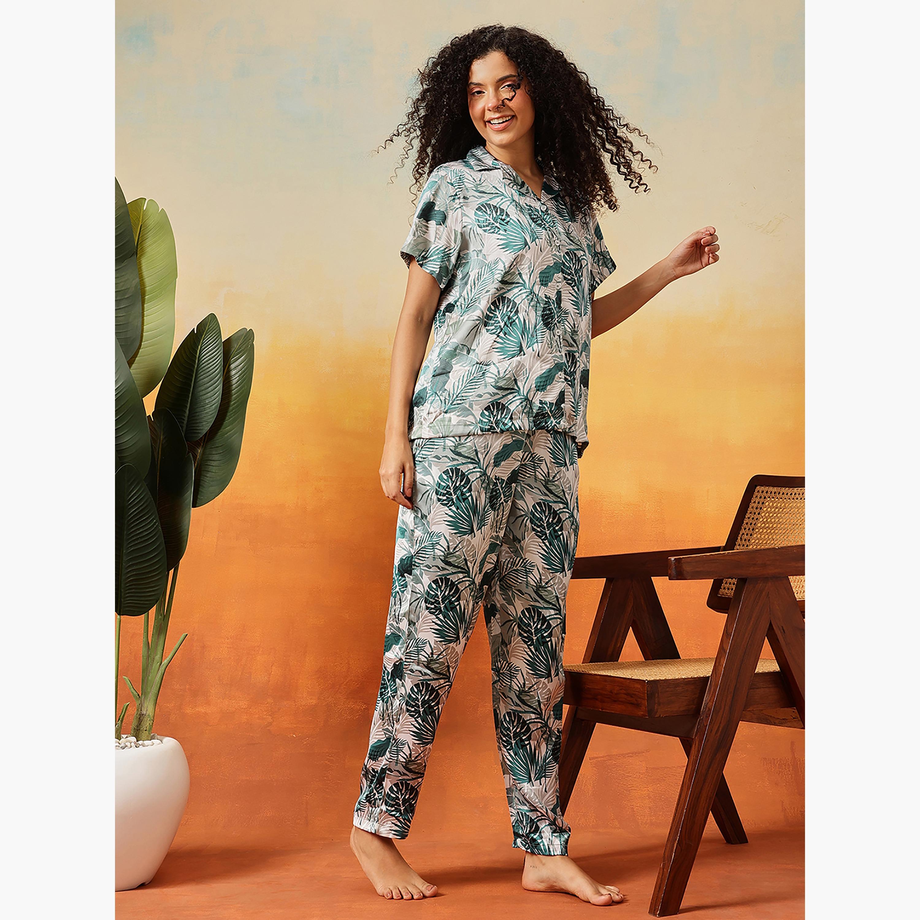 Clovia Leaf Print Button-Down Women's Shirt & Pyjama Set in Light Green - Satin-women-clothing-nightwear-pyjamas-longsets-image-3