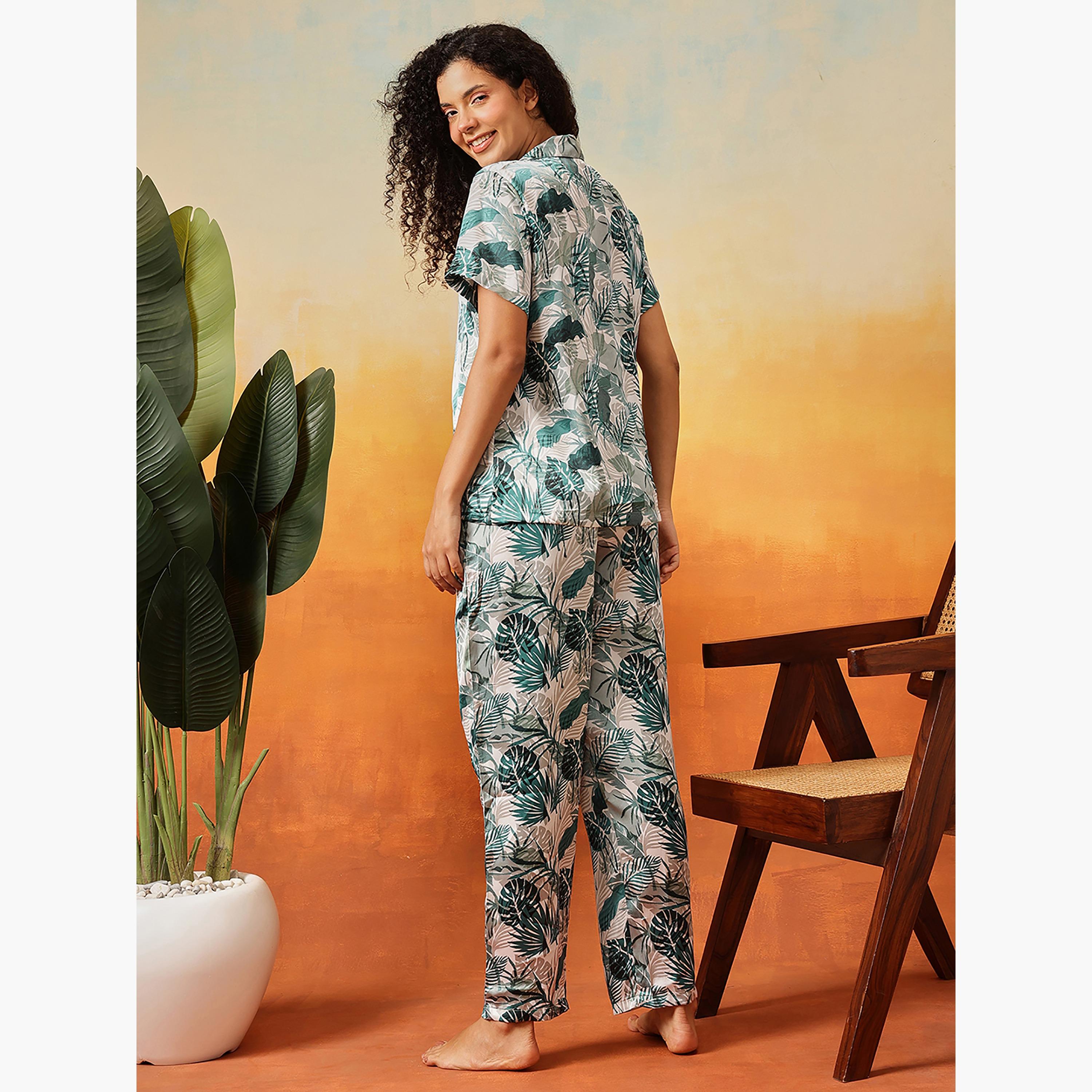 طقم قميص وبيجامة بأزرار وطبعة أوراق شجر - ستان أخضر فاتح من كلوفيا-women-clothing-nightwear-pyjamas-longsets-image-4