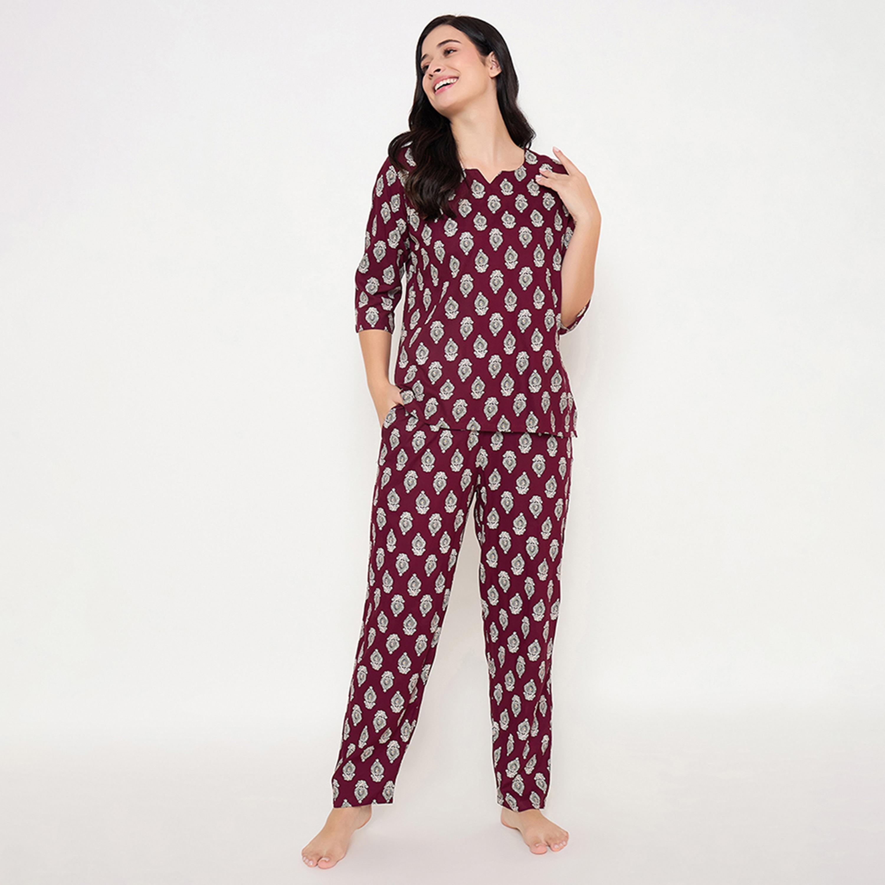 Clovia Pretty Block Print Women's Top & Pyjama Set in Wine Colour- Rayon-women-clothing-nightwear-pyjamas-longsets-image-1