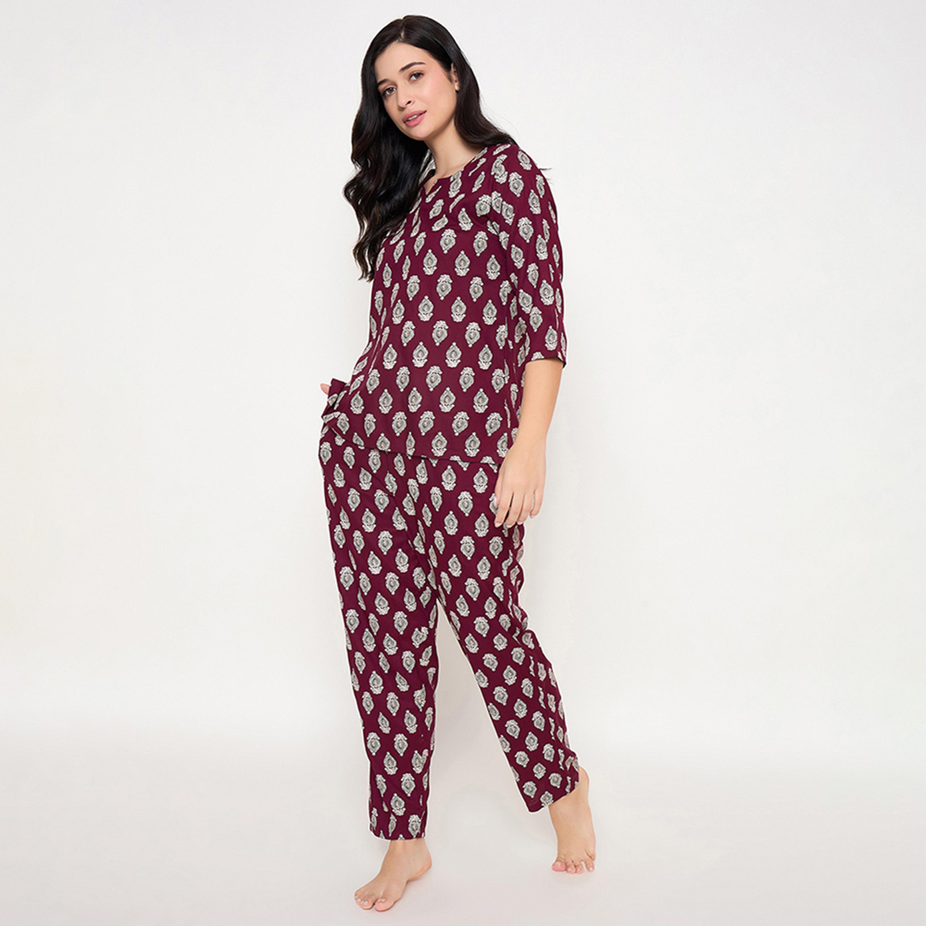 Clovia Pretty Block Print Women's Top & Pyjama Set in Wine Colour- Rayon-women-clothing-nightwear-pyjamas-longsets-image-2