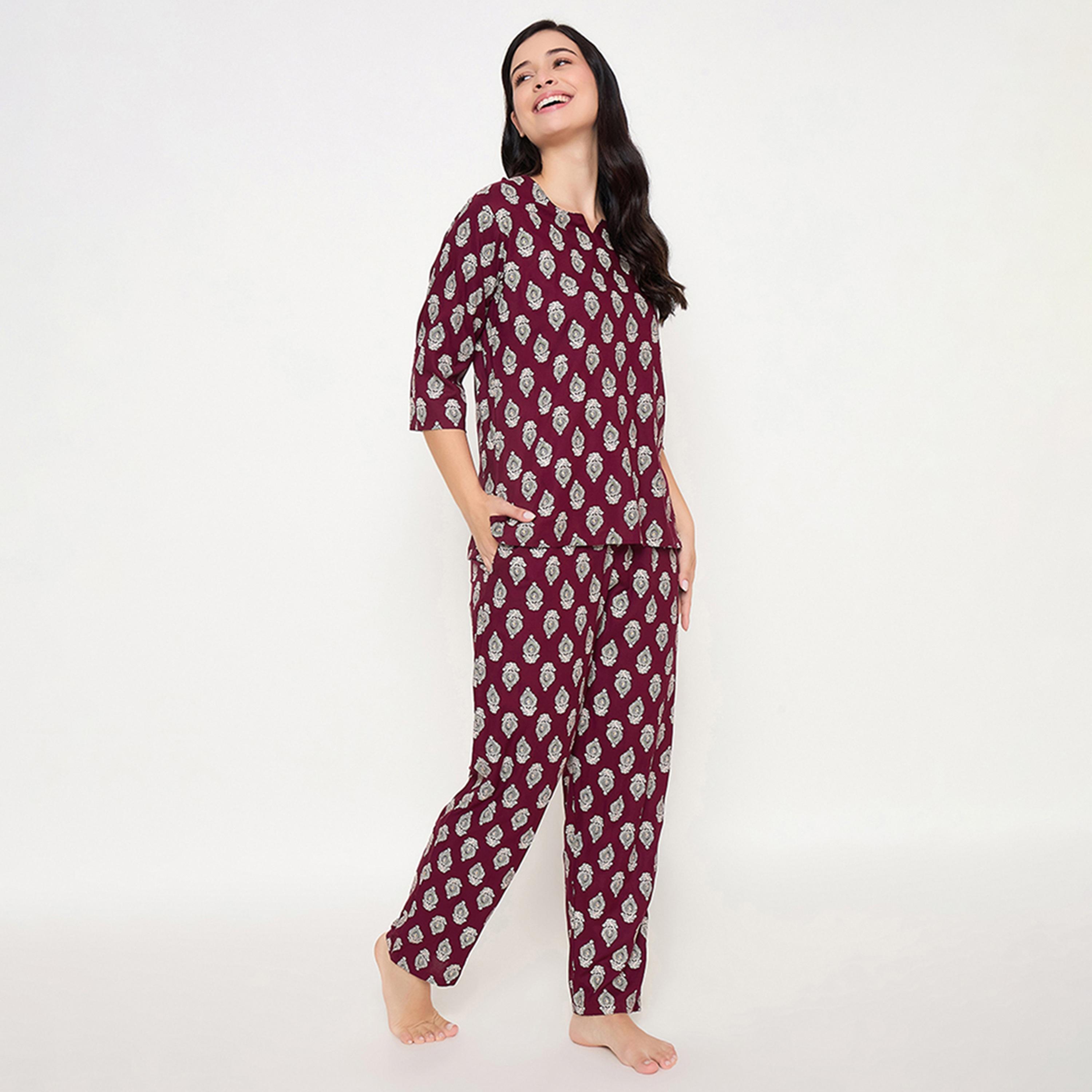 Clovia Pretty Block Print Women's Top & Pyjama Set in Wine Colour- Rayon-women-clothing-nightwear-pyjamas-longsets-image-3