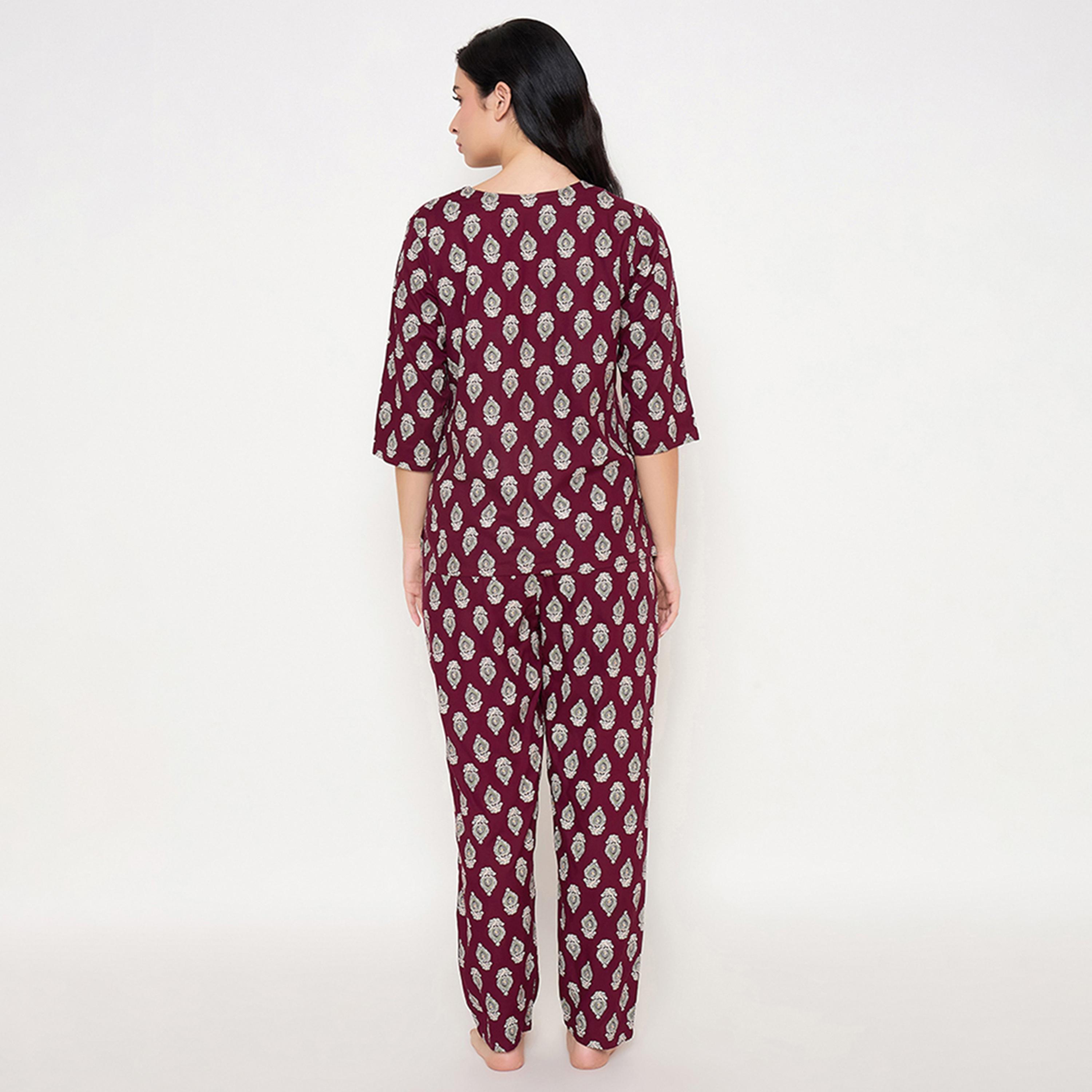Clovia Pretty Block Print Women's Top & Pyjama Set in Wine Colour- Rayon-women-clothing-nightwear-pyjamas-longsets-image-4