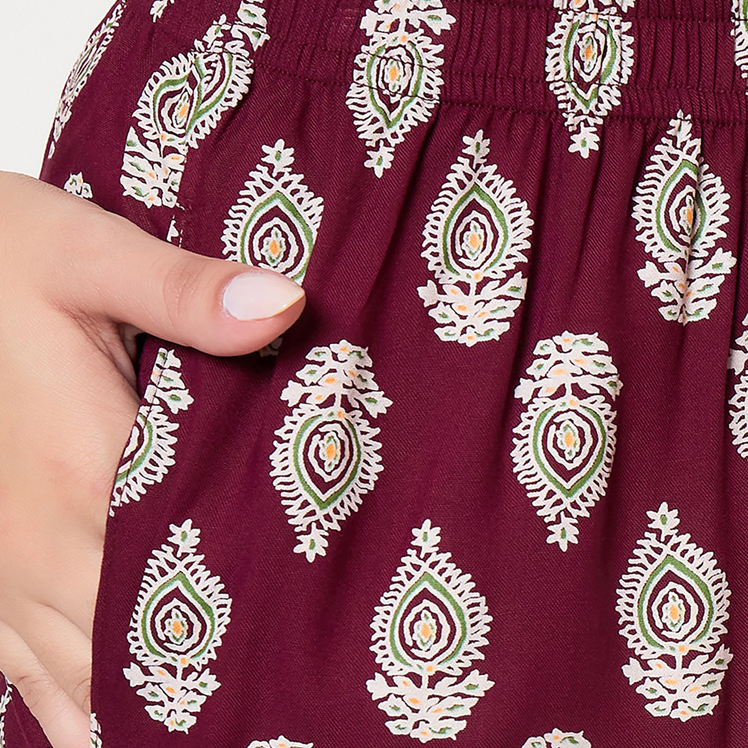 Clovia Pretty Block Print Women's Top & Pyjama Set in Wine Colour- Rayon-women-clothing-nightwear-pyjamas-longsets-image-6